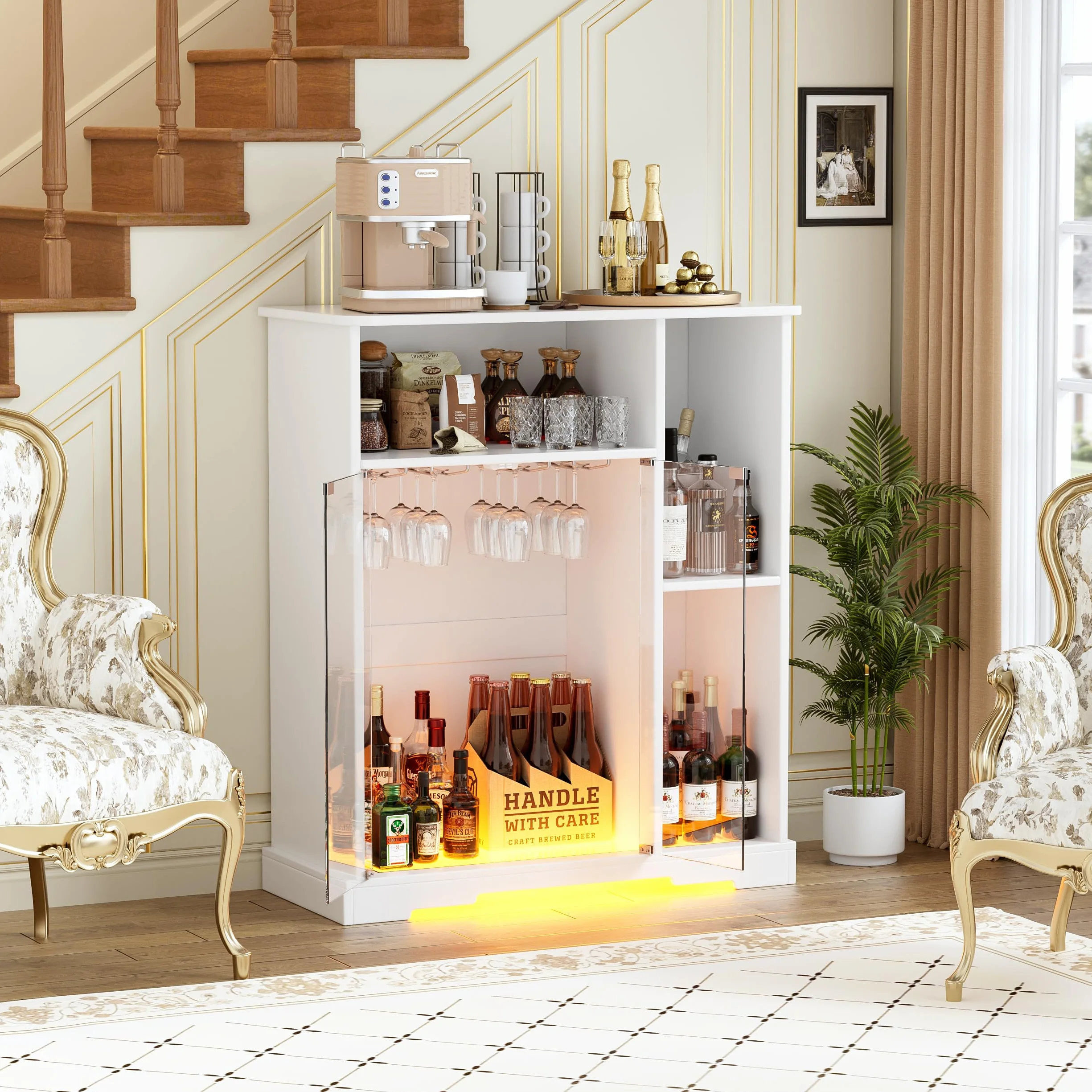 MSFE Mobile Porta Vino e Amari,Armadietto per Vino con Luce a LED,Buffet in Legno,Credenza con Portabicchieri e Porta in Vetro,Armadietto per Vino per Soggiorno,Cucina,Sala da Pranzo,85.4*40*110cm