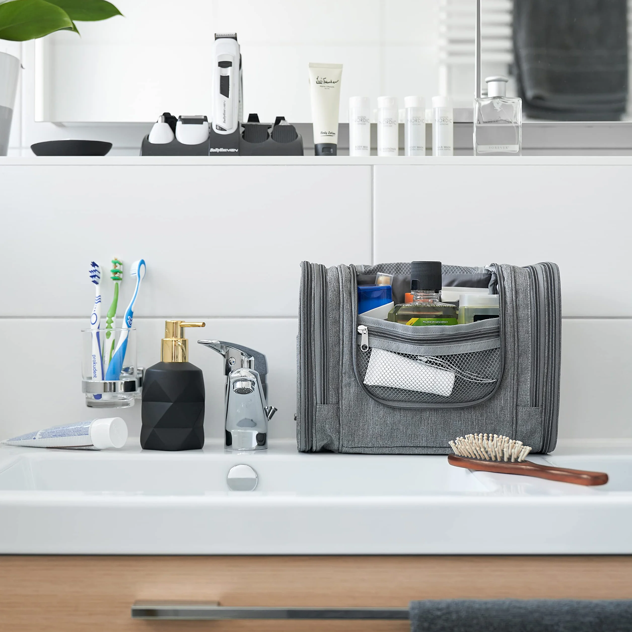 Obics® Beauty case da viaggio per uomo e donna 8L (grande) grigio XXL - Borsa da toilette e trousse da appendere con specchio - Sacchetto per cosmetici e toiletry per viaggi, campeggio (10 scomparti)
