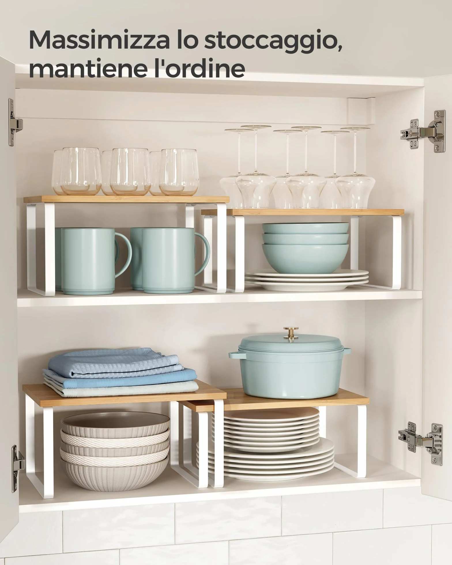 SONGMICS Scaffale Portaspezie, Set di 2 Organizzatori da Cucina Espandibili, Impilabile, Metallo e Legno, Bianco e Beige KCS02NW