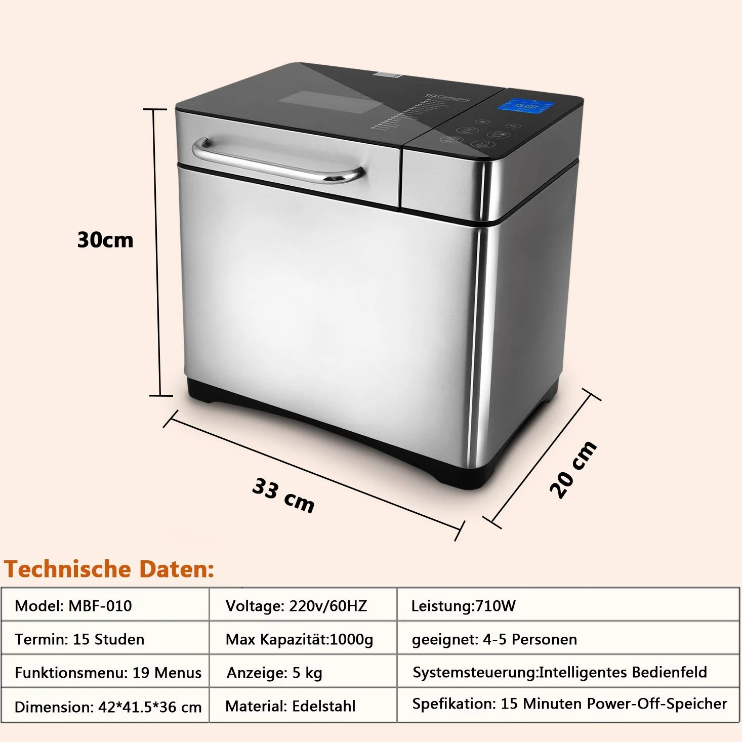 Meykey, macchina per il pane in acciaio inox, 19 programmi di cottura completamente automatica per 500 g, 750 g, 1000 g, timer di ritardo di 15 ore, finestra di visualizzazione, funzione di