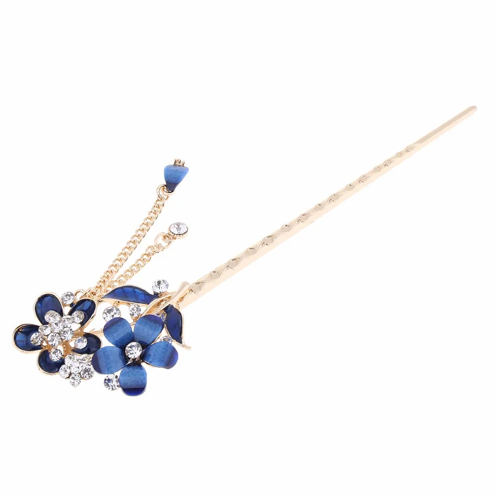 Bacchette per capelli cinesi con strass di cristallo a forma di fiore blu