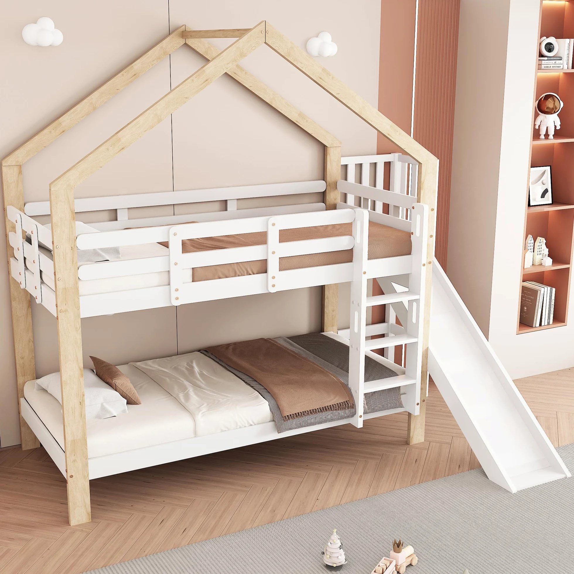 Letto a castello con scivolo e scaletta angolare a tre gradini, letto a casetta con protezione anticaduta, lettino per bambini, telaio letto in legno massello, bianco+naturale, 90x200 cm