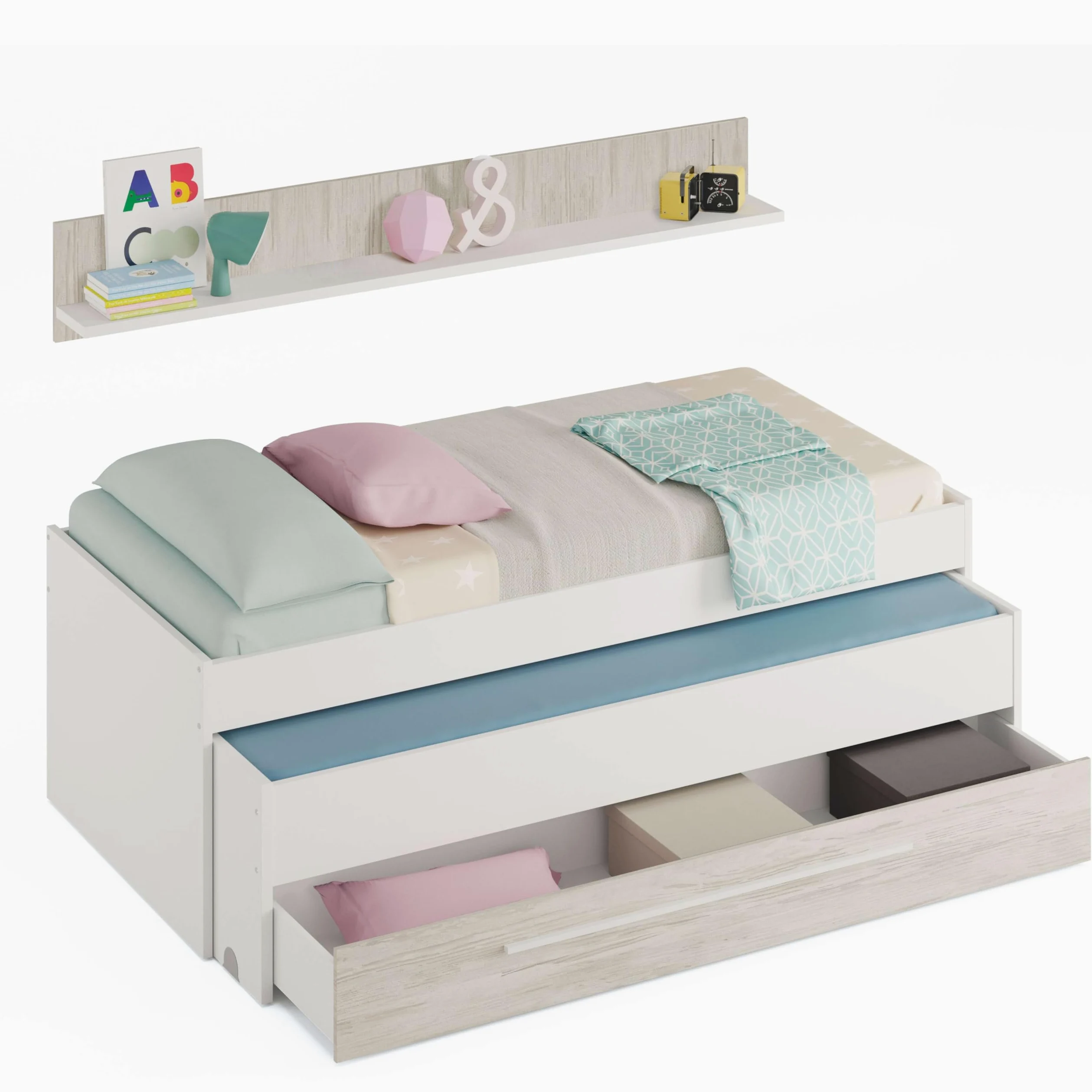 Dmora - Letto per bambini Sunnyvale, Struttura letto per cameretta, Letto singolo con lettino estraibile, cassettone e mensola, 199x96h65 cm, Bianco