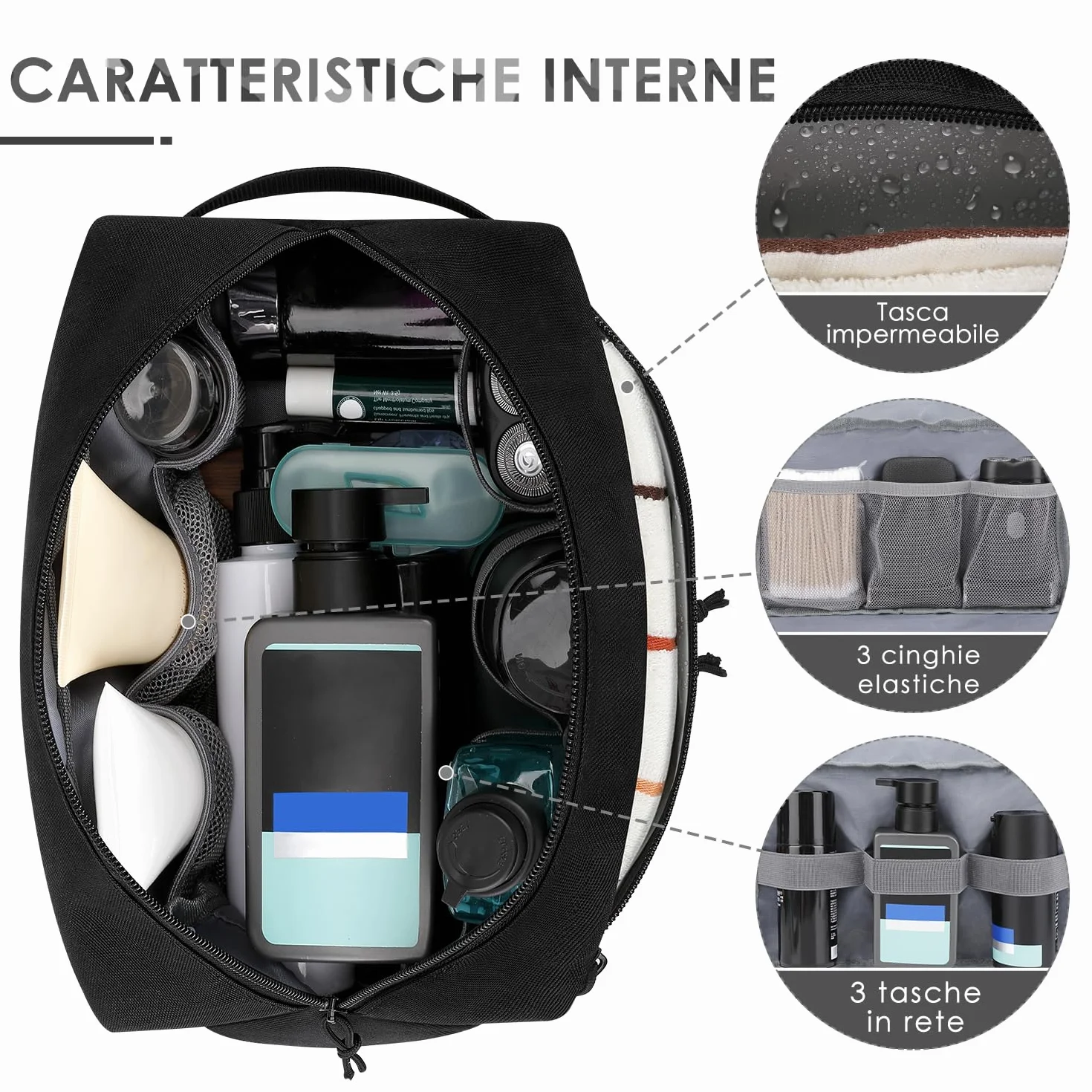 ETRONIK Beauty Case Uomo,Tactico Beauty Case da Viaggio con MOLLE, Impermeabile Borsa Toilette con Tasca Bagnata per Doccia e Palestra,Kit da Barba Appendibile per Toeletta, Nero