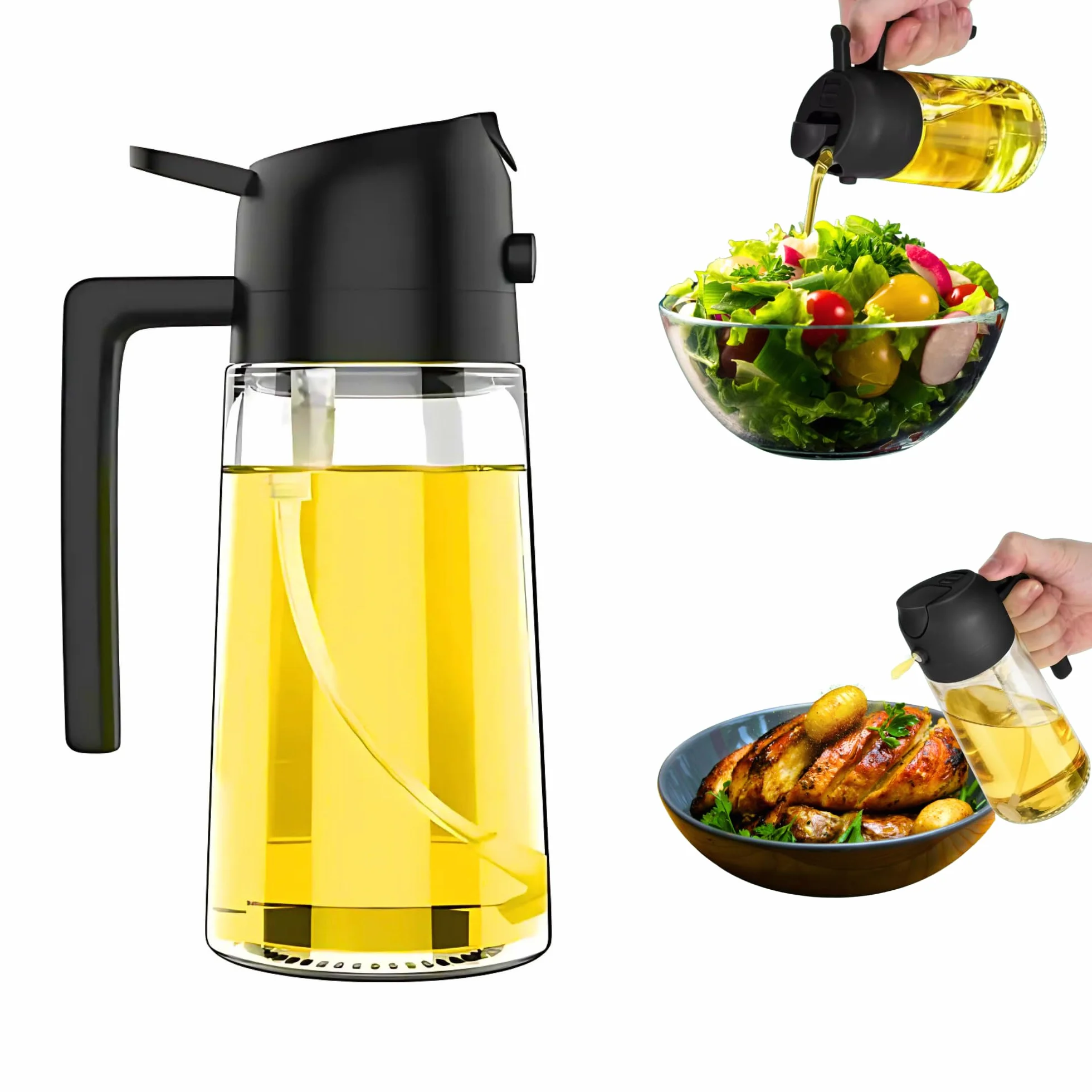 Spruzzino Dosatore Olio in Vetro 2 in 1 470ml Nero | Spruzzatore Olio per Cucina e Barbecue