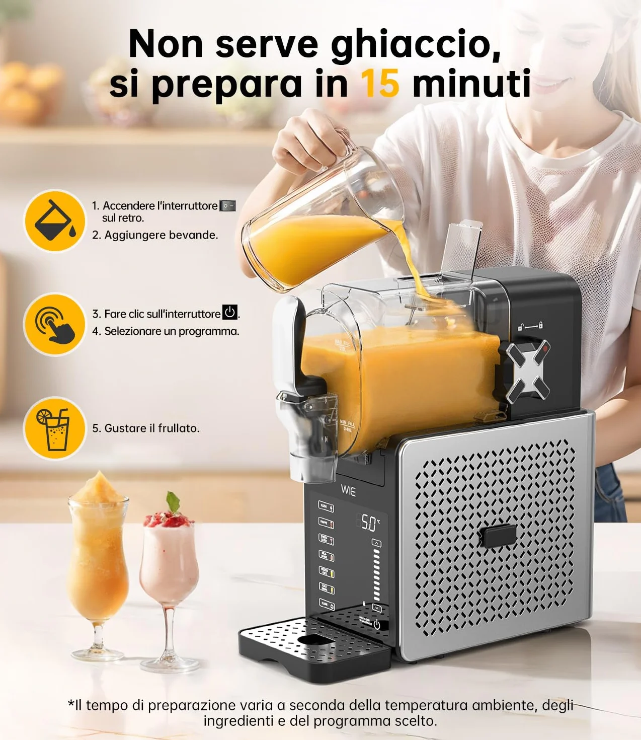 WIE Macchina per Granite 2.6L Autopulizia, 6 Modalità, Schermo Touch LED, per Margarita/Cocktail/Milkshake/Frappé