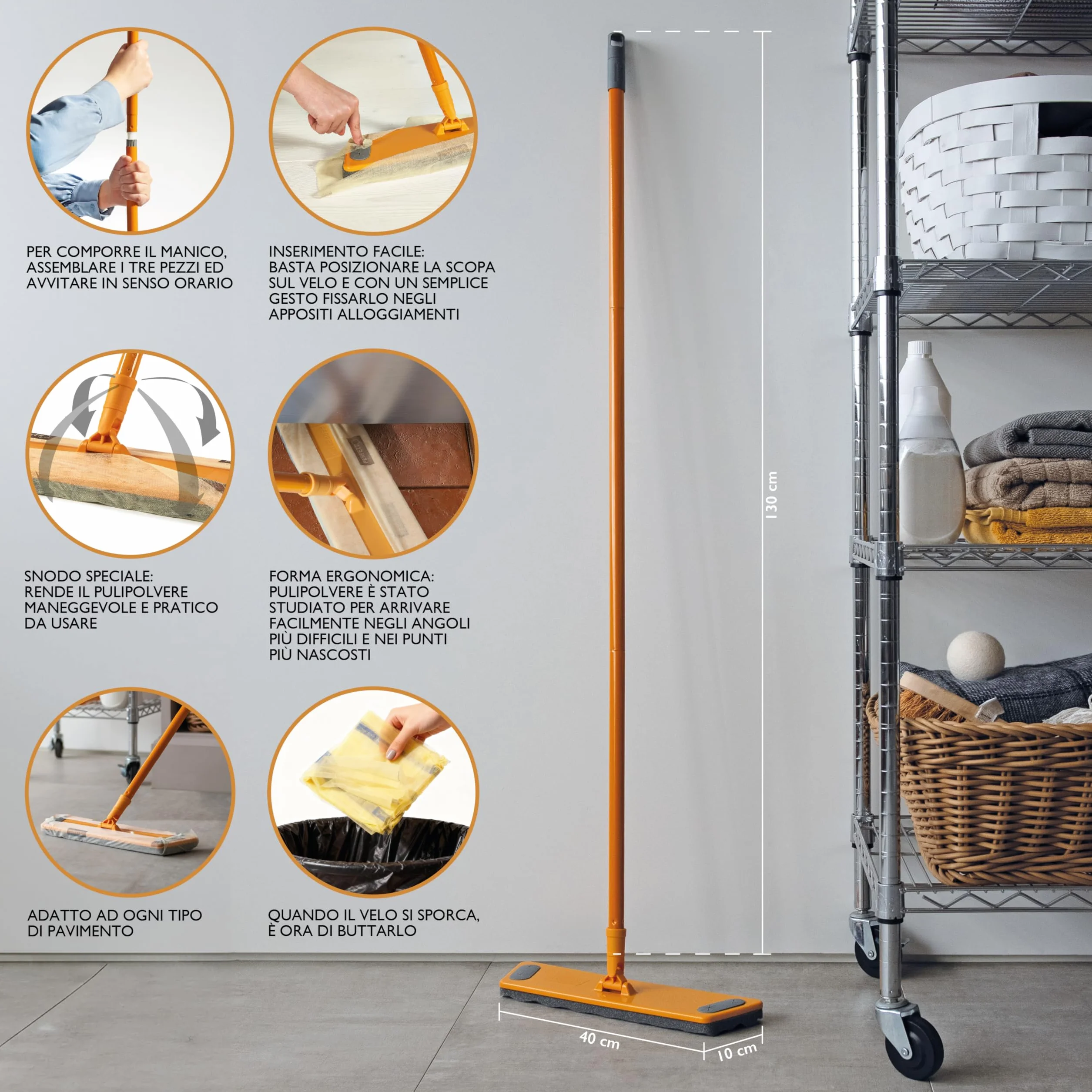 Perfetto Il Pulipolvere Scopa Pavimenti 130 cm 40 cm 3 Pezzi con Busta 20 Retine Imbevute Oli Minerali Biodegradabili