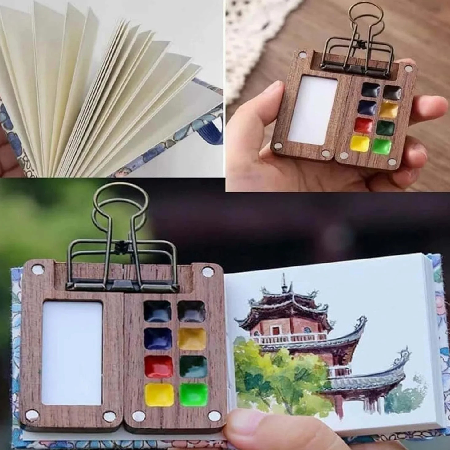 Mini kit per acquerelli, set di acquerelli, 2025 nuovo set di acquerelli da viaggio con clip pennello penna album da disegno (8 griglie+12 acquerelli)