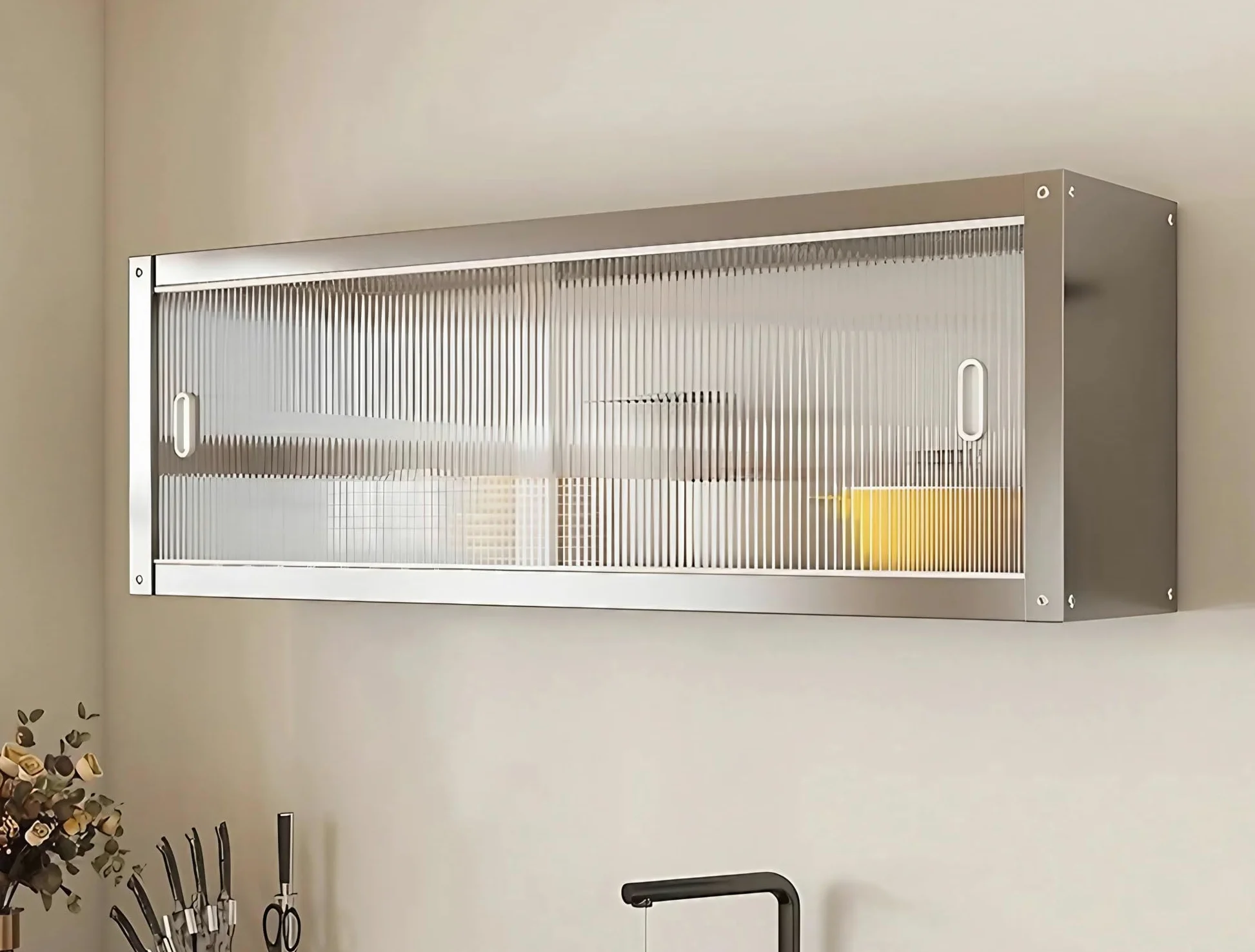 Armadio Pensile Cucina in Acciaio Inox con Ante Scorrevoli, Mobile Pensile da Parete per Cucina, Armadietto di Stoccaggio Murale per Cucina Bagno Ufficio(50x30x40CM)