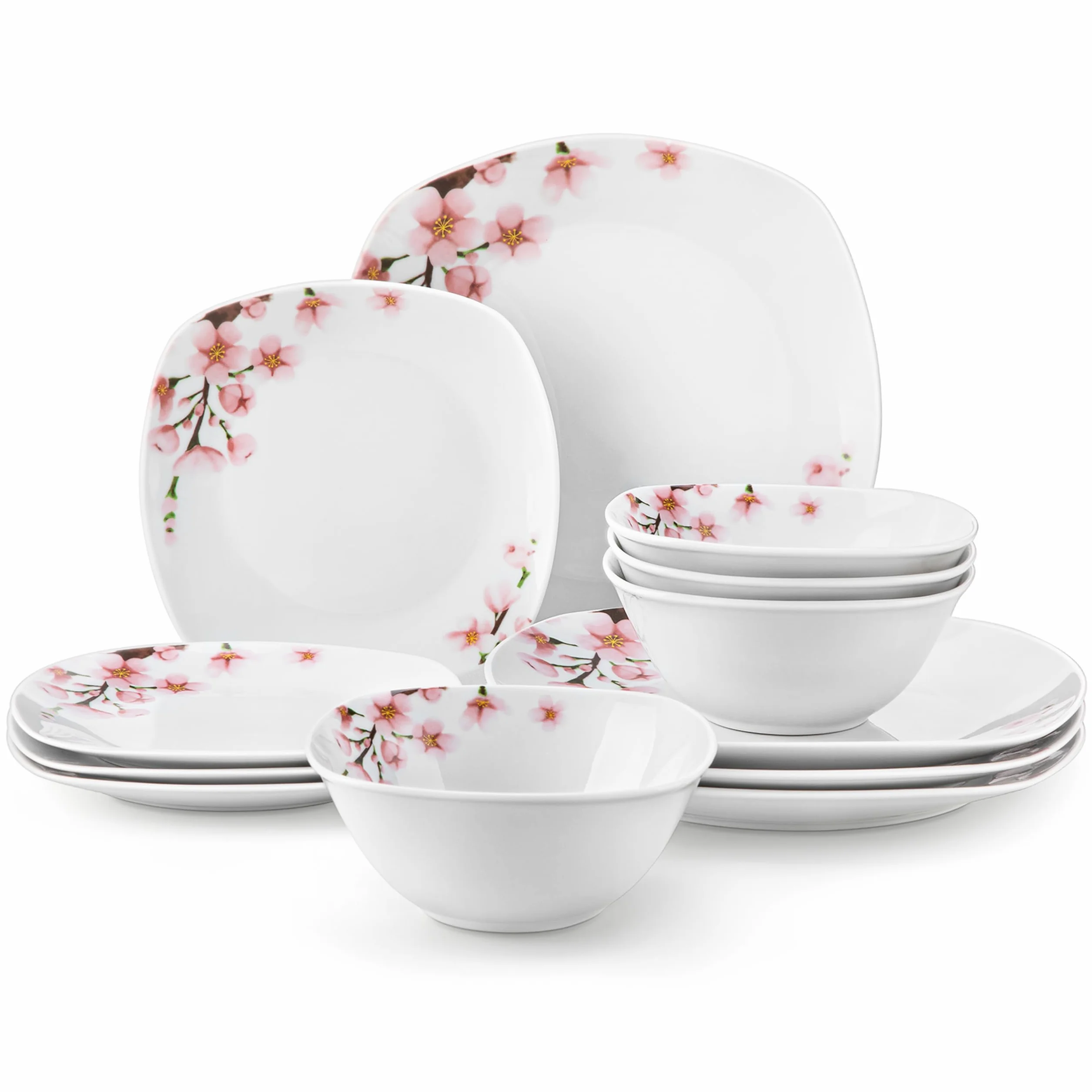 VEWEET Set di Stoviglie in Porcellana per 4 Persone - 12 Pezzi Con Motivo Floreale Rosa, Include Piatti Piani, da Dessert e Ciotole per Cereali