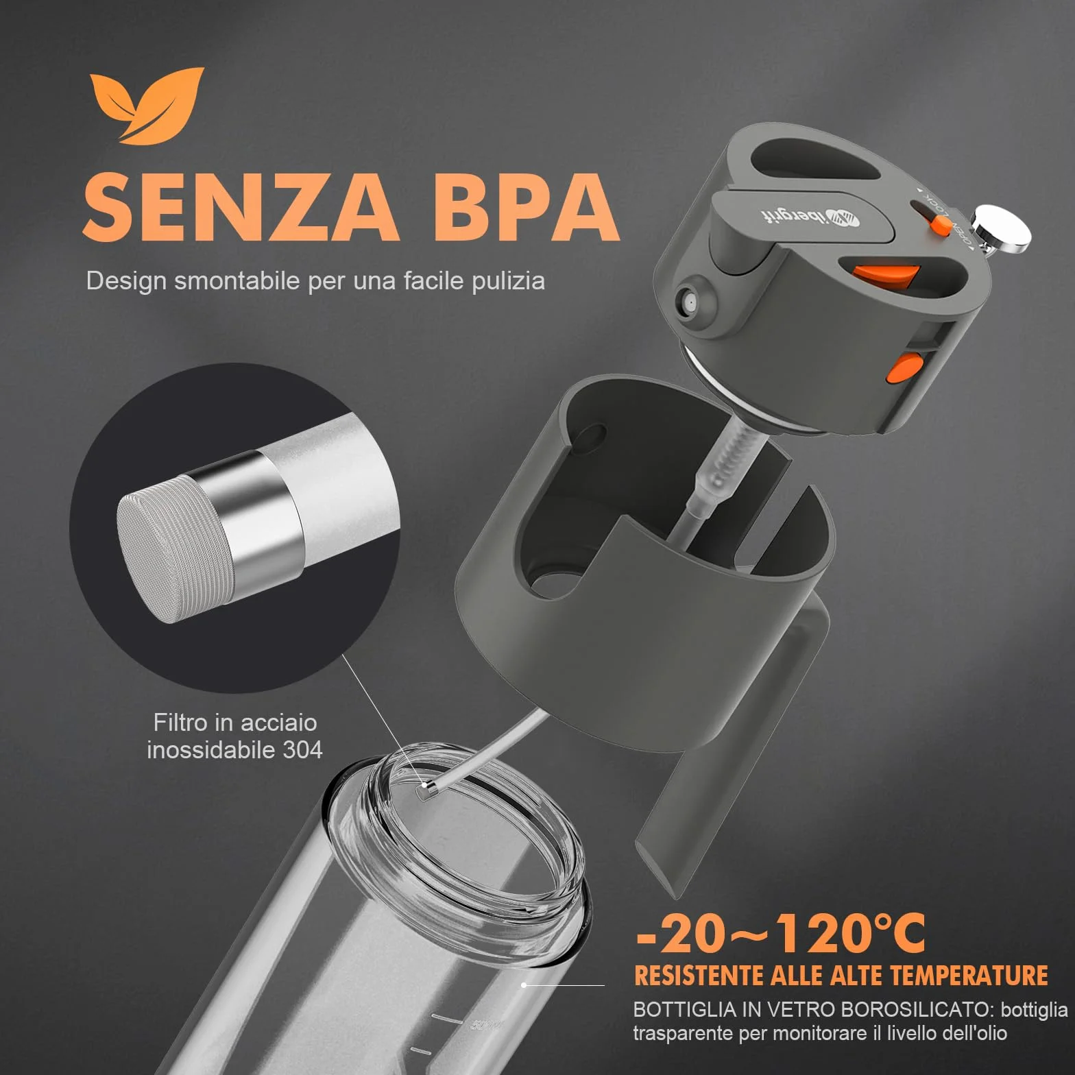 Ibergrif Spruzzatore Olio 2 in 1 500ml, Bottiglia Vetro Borosilicato Antigoccia per Friggitrice Aria