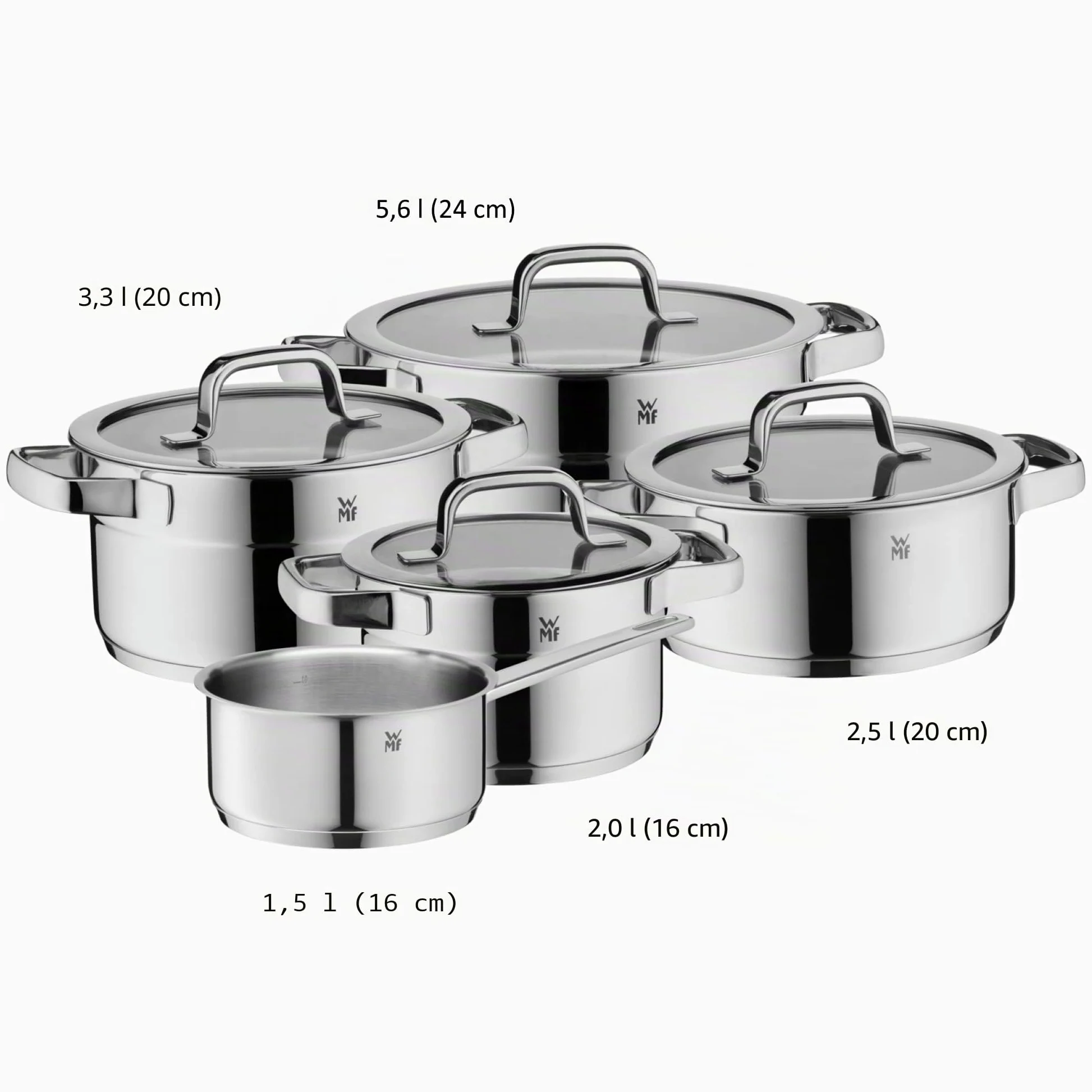 WMF Compact Cuisine - Set di pentole a induzione, 5 pezzi, con coperchio in vetro, in acciaio inox Cromargan lucidato, non rivestito, scala interna