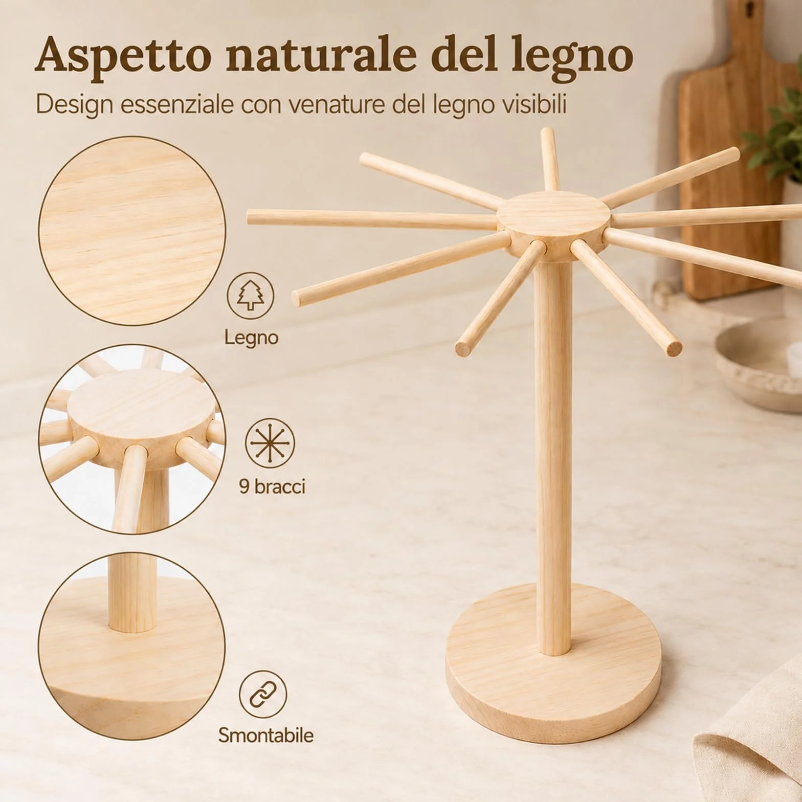 Essiccatore per Pasta, Stendi Pasta Fresca in Legno, Essiccatore Pasta Fresca, con 9 Bracci Rimovibili, Riutilizzabili, per L'Essiccazione di Pasta, Noodles Cinesi, Vermicelli, Altezza 40 cm