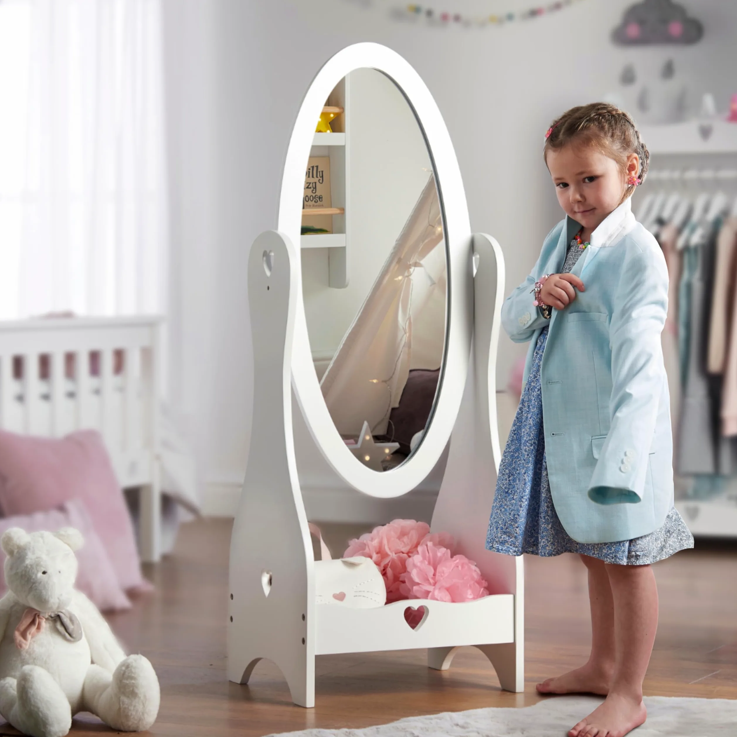 Haus Projekt Specchio da Toilette in Legno Bianco per Bambini, Mobili da Camera da Letto per Bambini Fatti a Mano, Girl's Free Standing Full Length Mirror