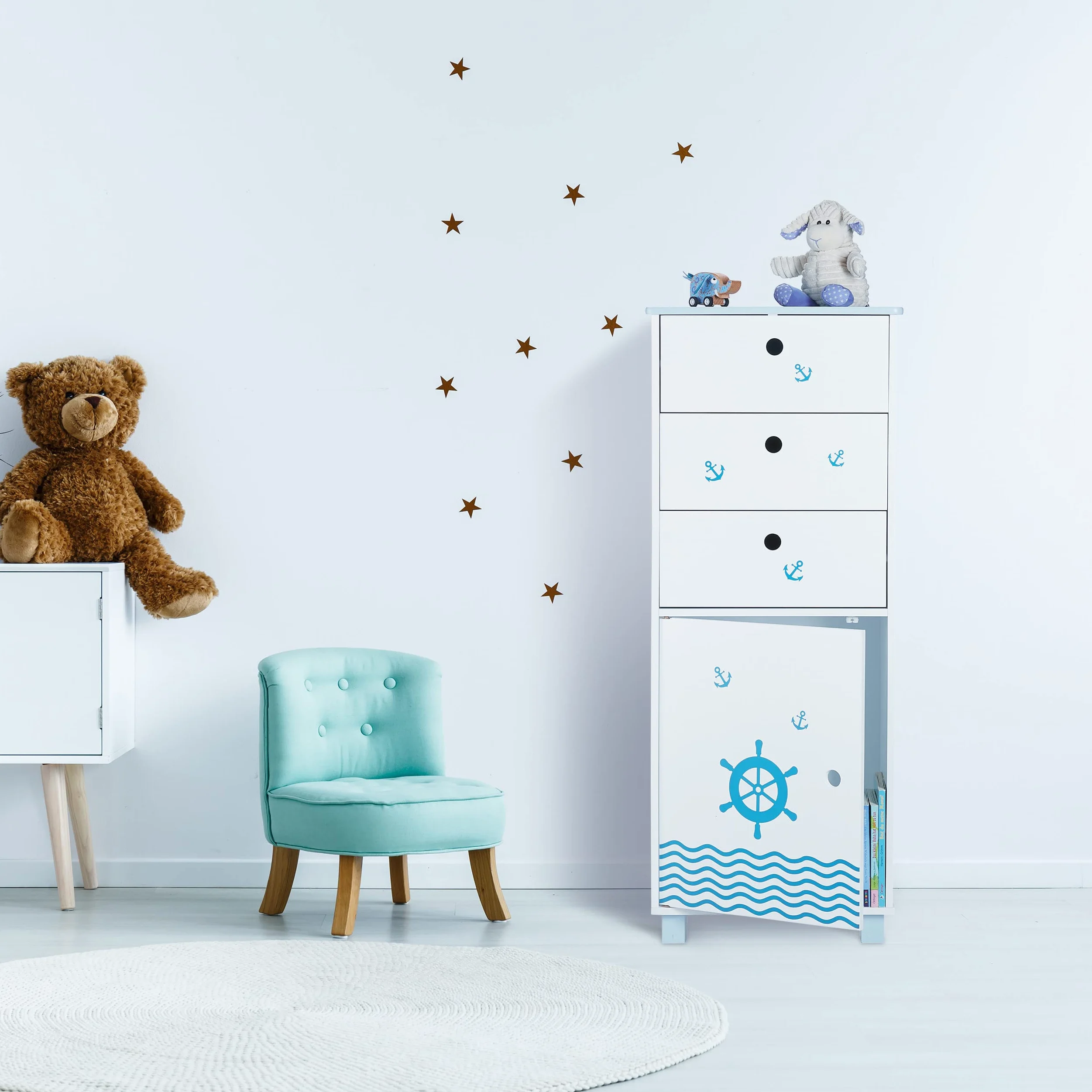 Relaxdays Cassettiera per Bambini, per la Cameretta, 3 Cassetti e 1 Scomparto con Anta, HLP: 105x42x30 cm, Bianco Blu