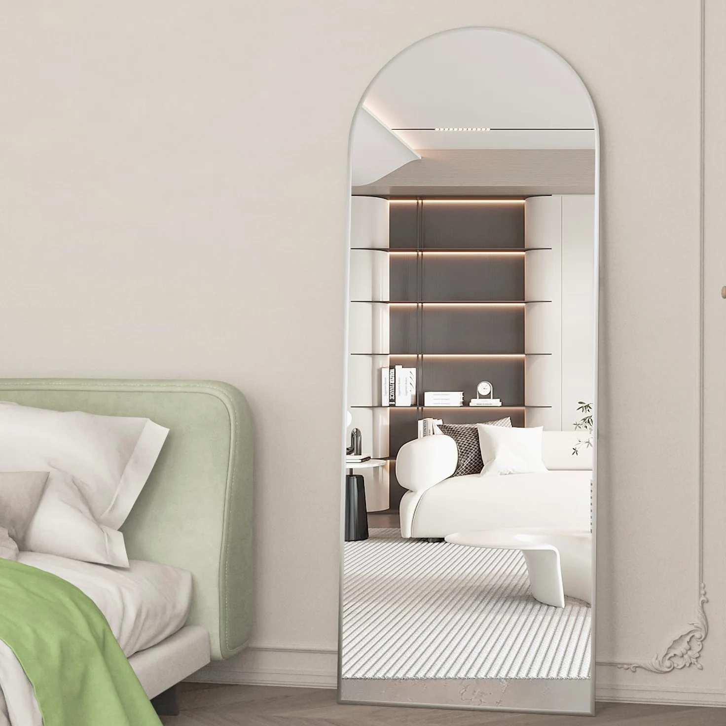 Specchio a figura intera, 162 x 53 cm specchio da pavimento con supporto, specchio ad arco Argento da terra o da appoggio per camera da letto e soggiorno