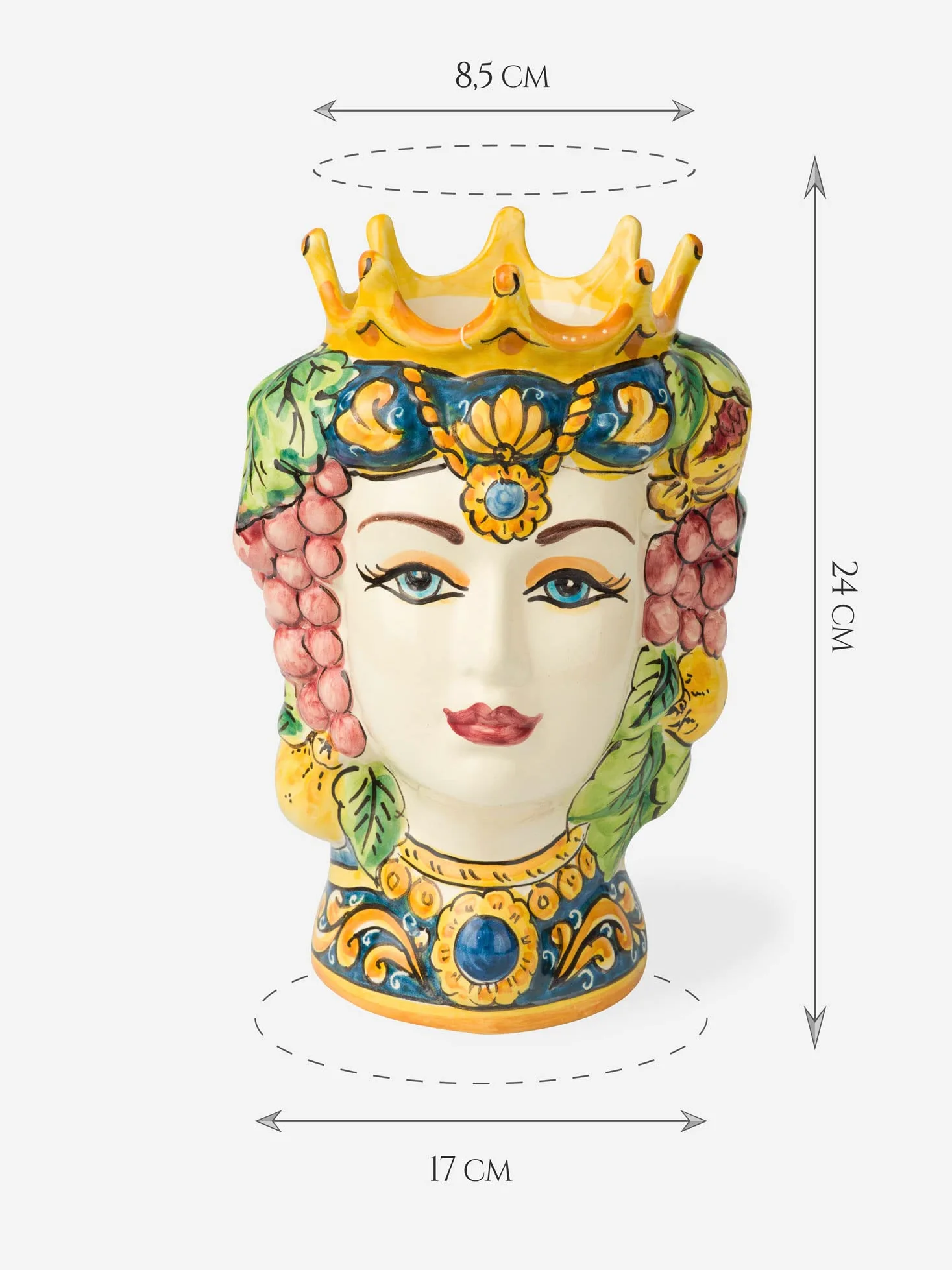 Terrecotte del Sole - Coppia Teste di Moro siciliane originali decoro frutta H 24 cm, realizzate e decorate a mano.
