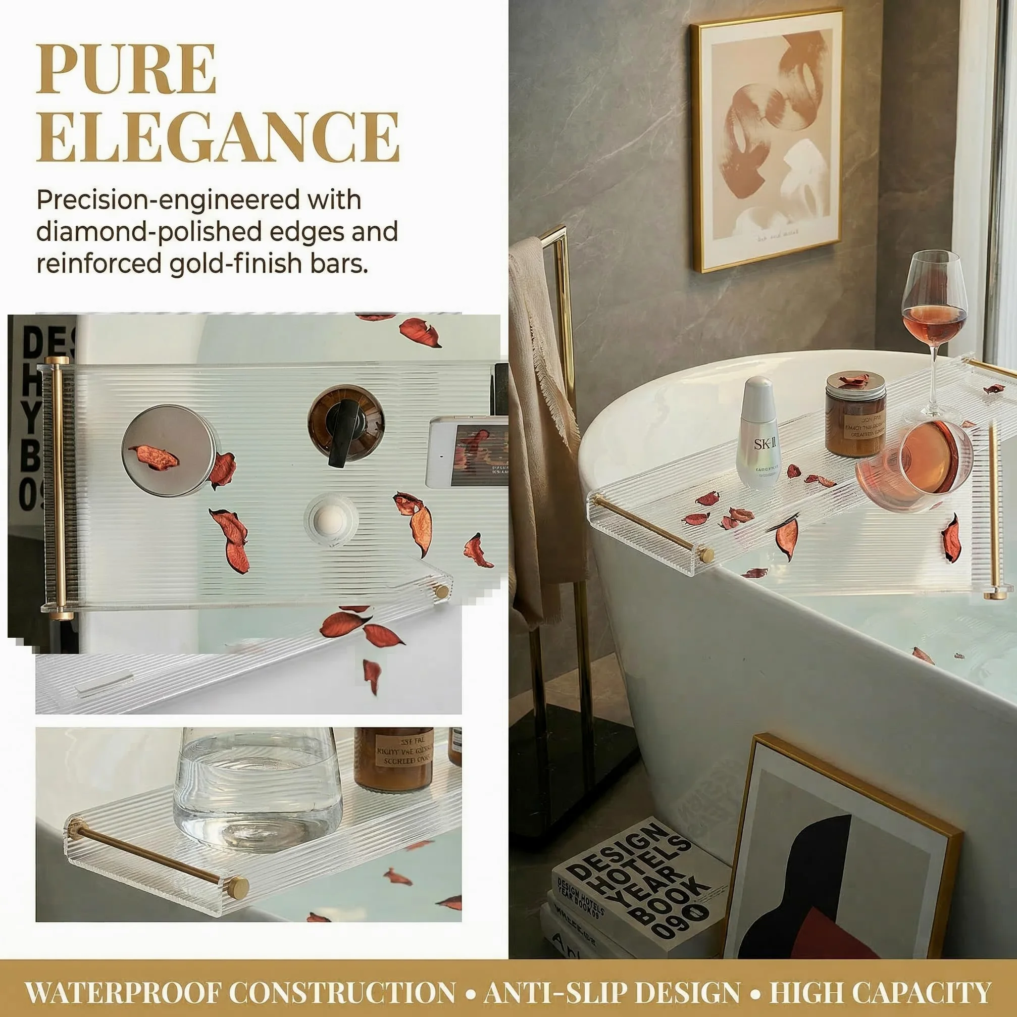 Bathtub Caddy Tray for Luxury Bathroom Bath tub Table Caddy Tray Shelf for Shower with Gold Handles fits All bathtubs