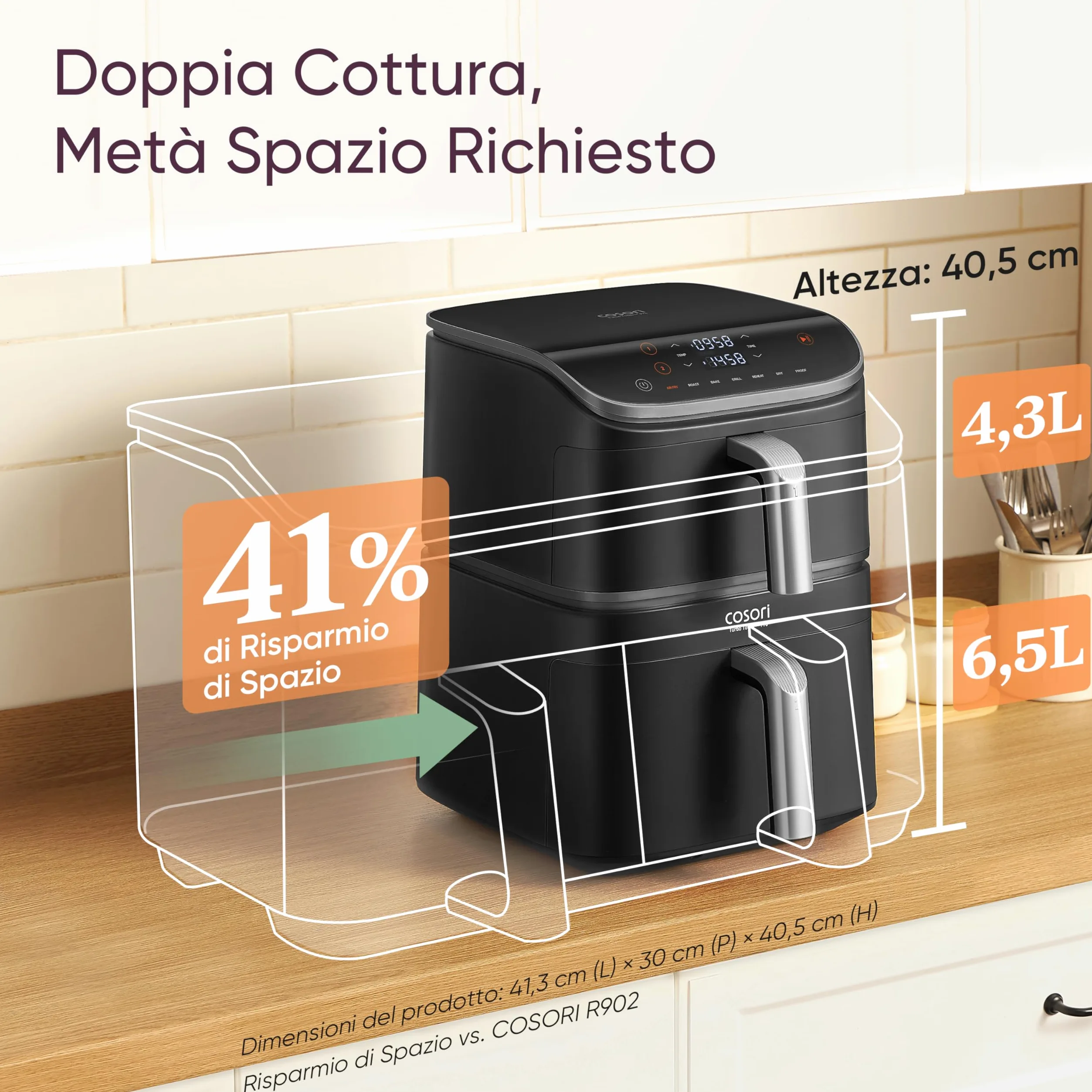COSORI Turbo Tower Pro Friggitrice ad Aria 10,8L Doppio Cestello, Rivestimento Ceramico No PFAS, Cottura a 3 Livelli con Doppia Resistenza, 2630W, 7 Funzioni, 2 Motori DC, 50+ Ricette Online, DC112