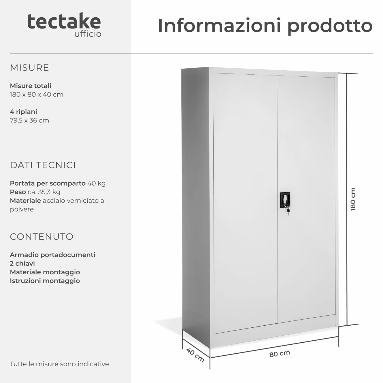 tectake® Armadio Porte Battenti, 180x80x40 cm, con 2 Ante e 5 Ripiani, Mobile con Serratura Chiave, Armadietto Portadocumenti e Faldoni per Ufficio in Metallo, Mobili Ufficio, Archivio - Grigio