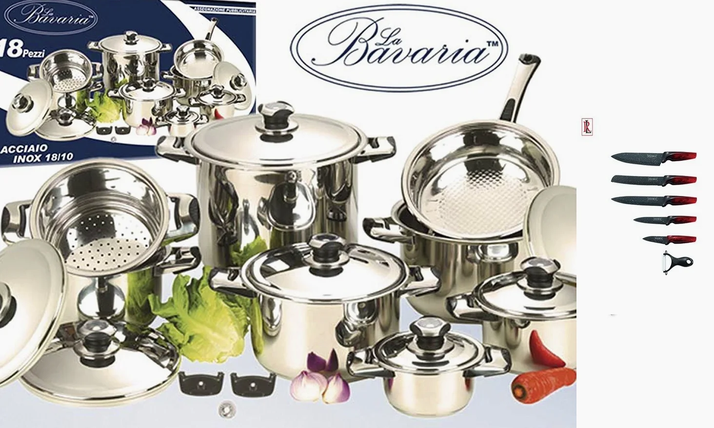 Batteria di Pentole Bavaria 23 Pezzi in Acciaio Inox 18/10 con Set di 5 coltelli