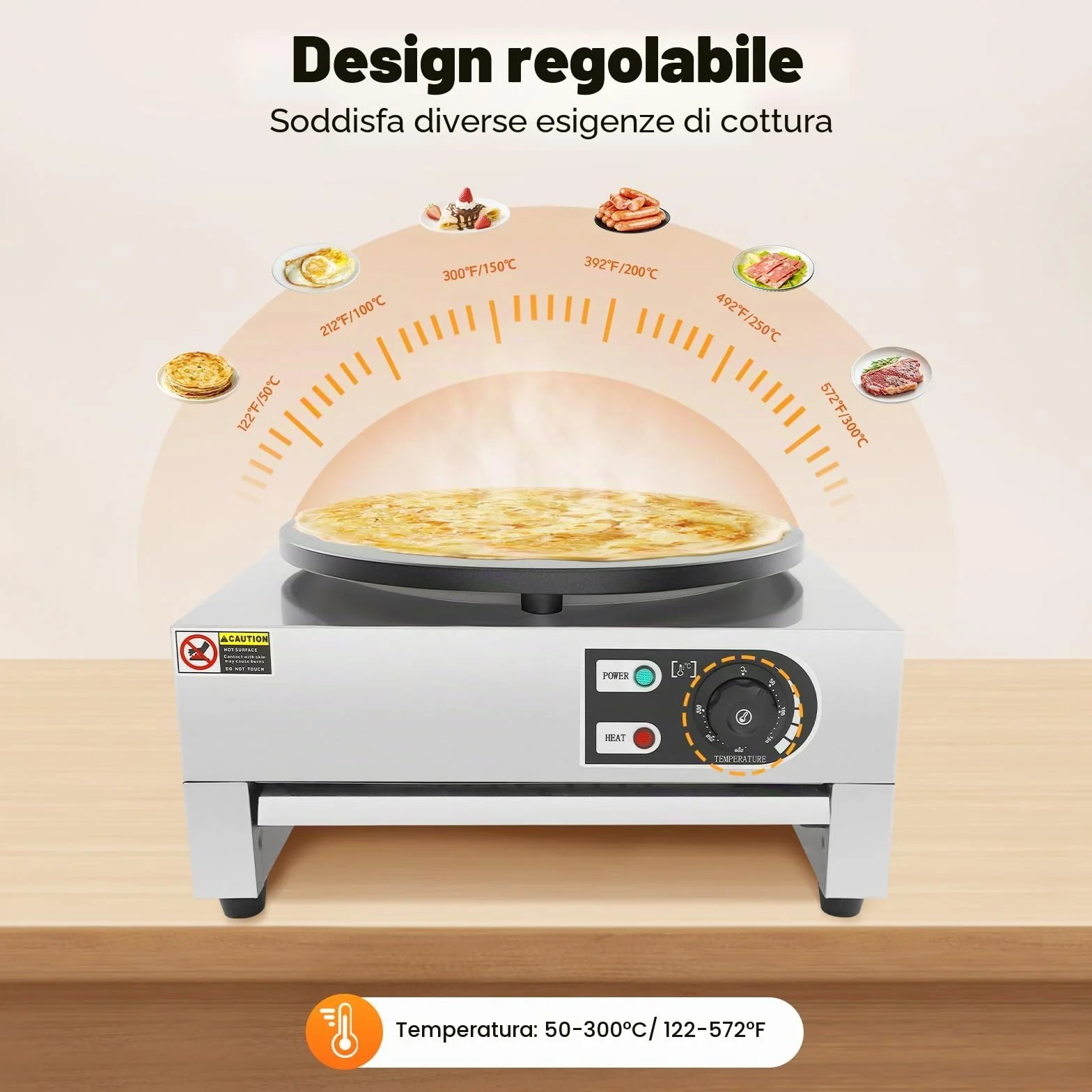 Crepe maker elettrico 40 cm 3 KW 50-300 °C vassoio estraibile termostato integrato
