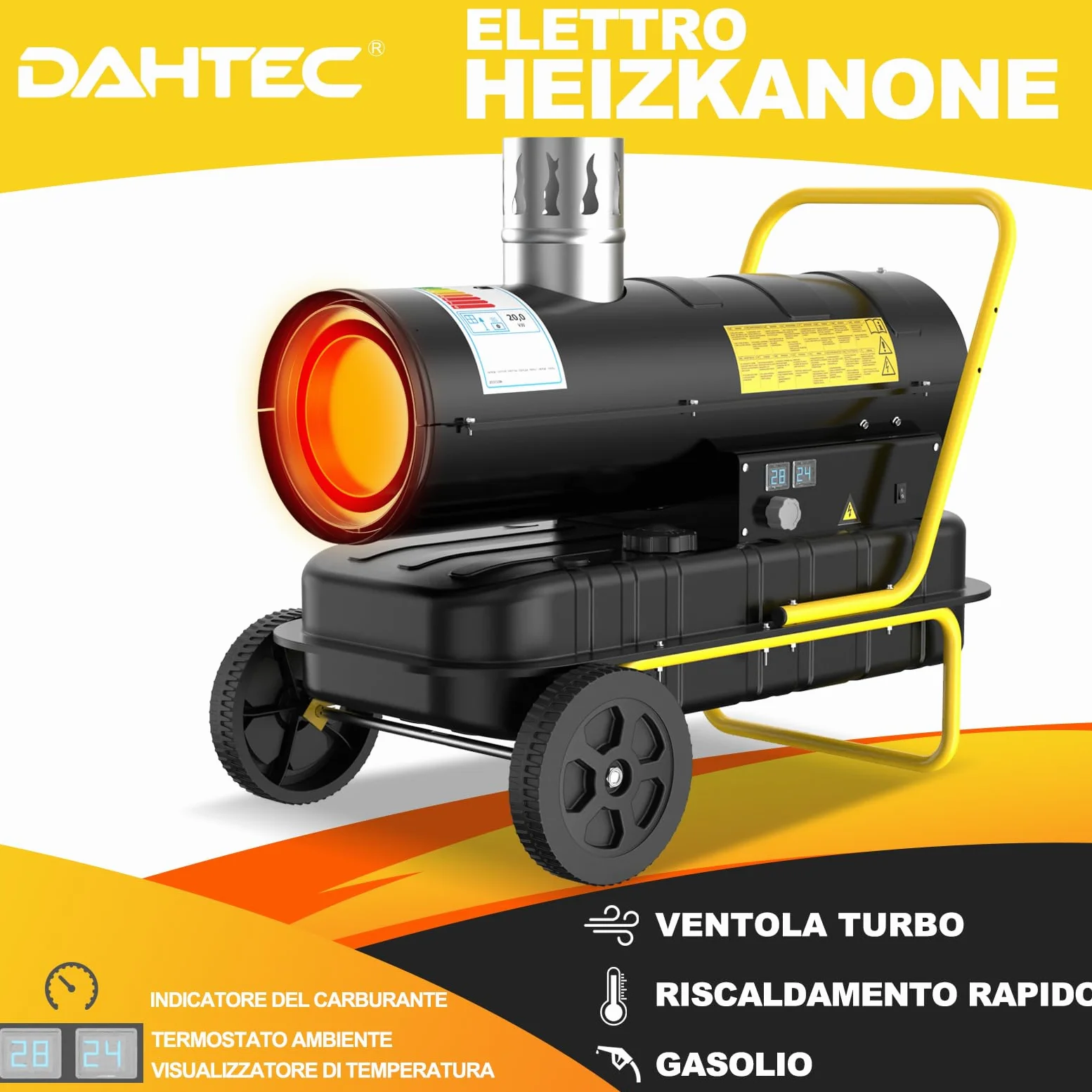 Riscaldatore Diesel Indiretto 20 kW - Termoventilatore Industriale - Serbatoio Grande Capienza 38L - Ruote, Termostato Regolabile - Per Officine, Cantieri, Uso Agricolo