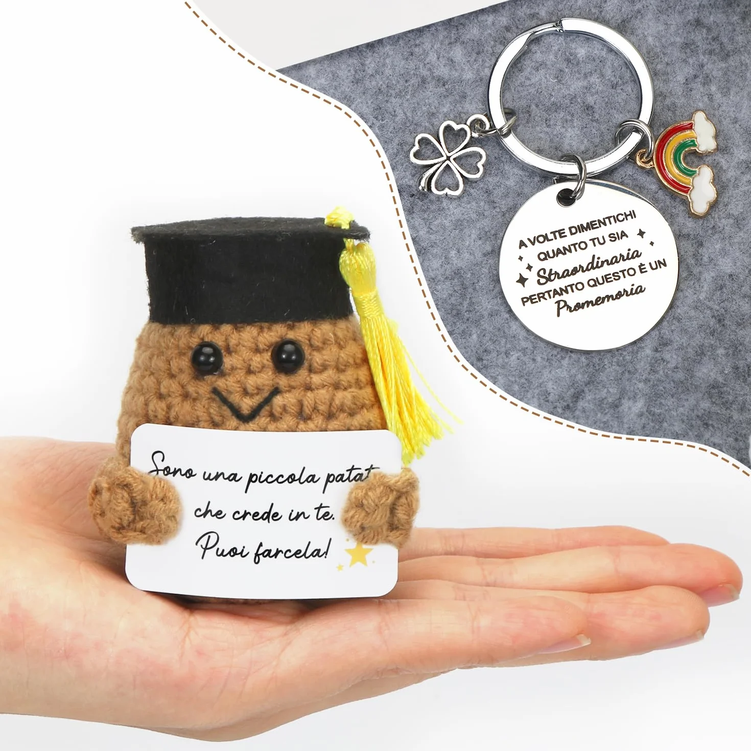 Positiva Patata Italiano con Carta Motivazionale Portachiavi, Patate Portafortuna, Scuola Patate Bambola, Incoraggiamento Compleanno Laurea Regalo per Maestra Amica Collega Sorella Adolescente-21
