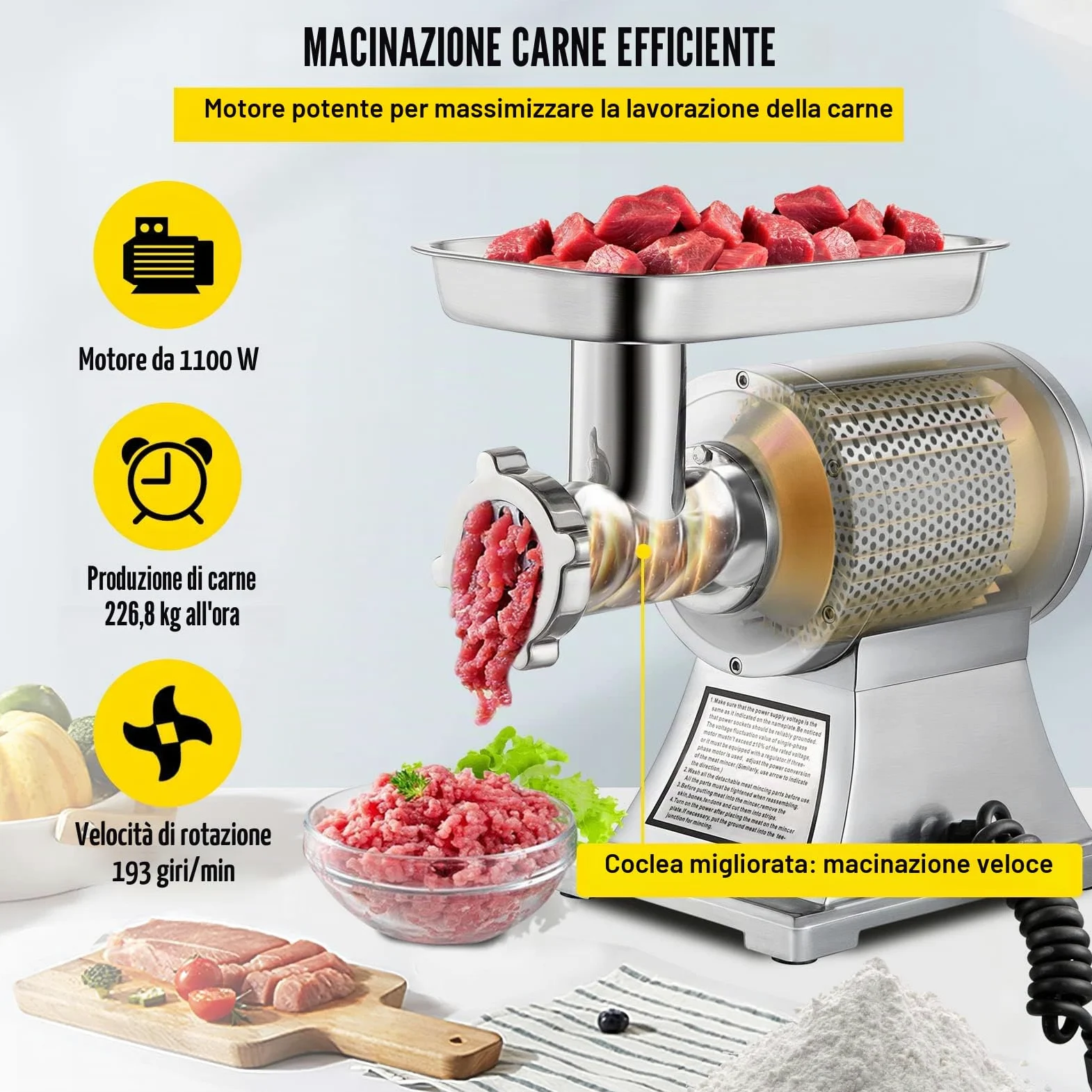 SucceBuy 220V Tritacarne Elettrico Inox Tritacarne Professionale Perfetto Per Prosciutto Salsiccia Specializzata Cucina (90800)