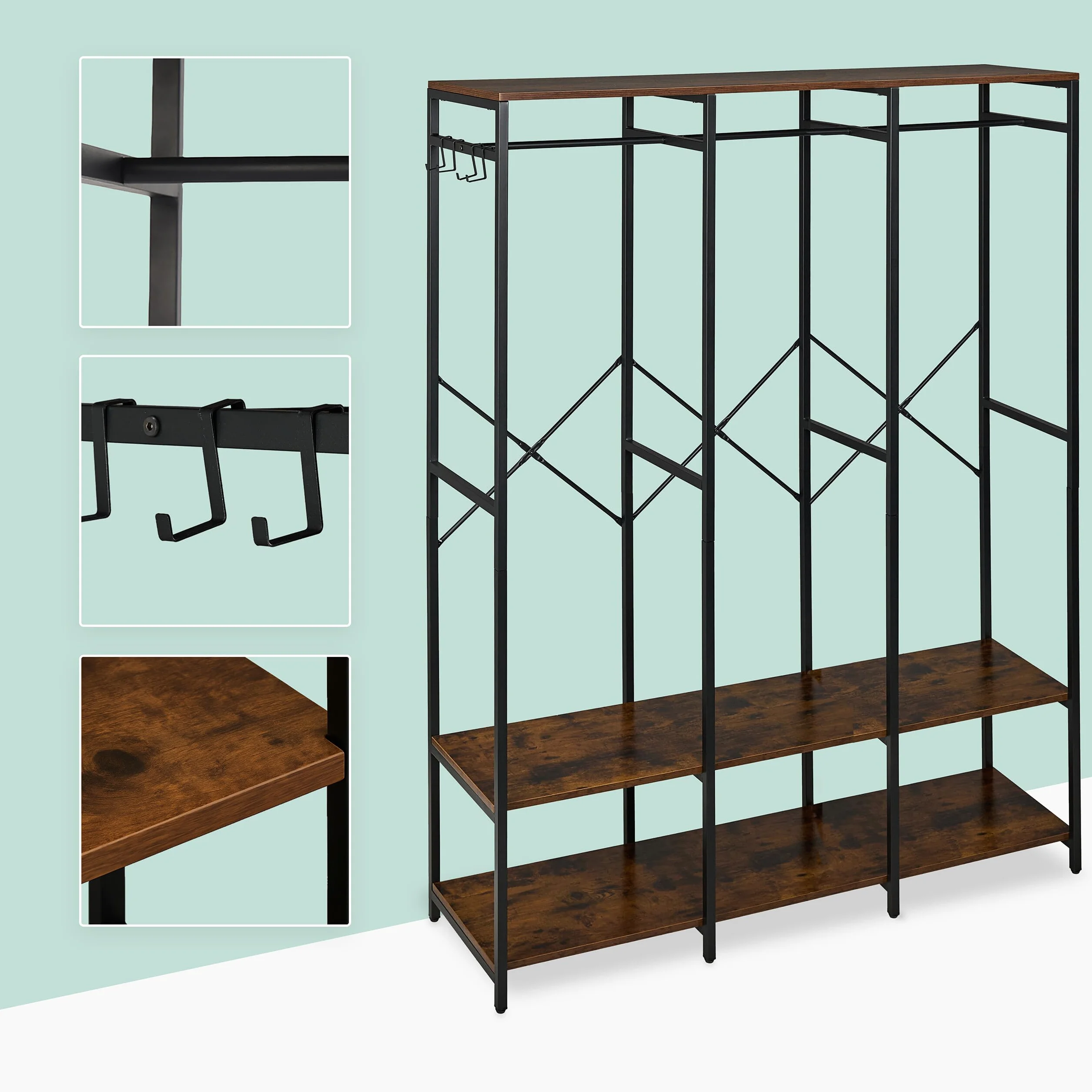 Relaxdays Armadio Aperto Appendiabiti, Guardaroba con Ripiani, Ganci e Barra, 180x141x40 cm, MDF e Ferro, Nero Marrone