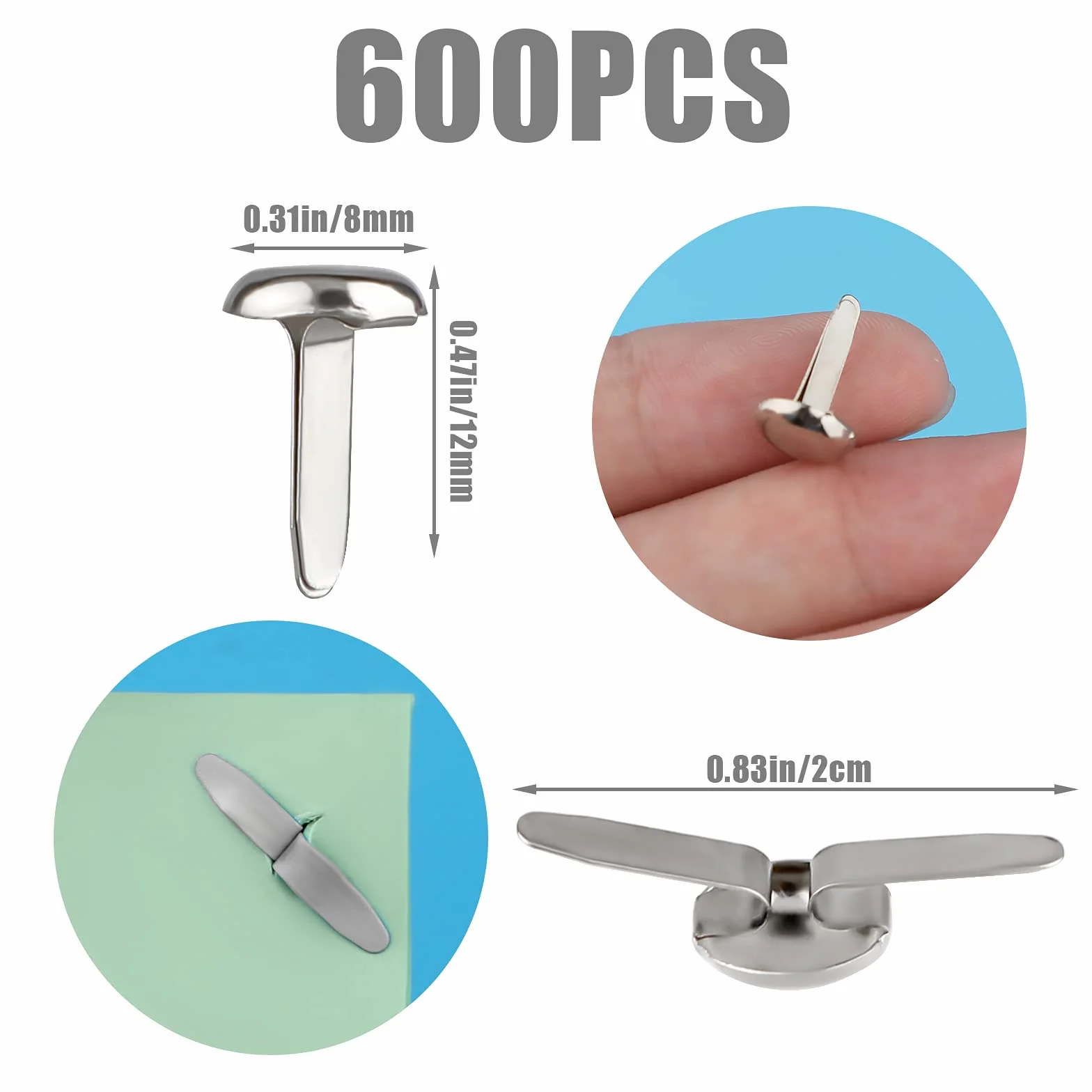 AIEX 600 fascette in metallo parigino in carta tonda fascette in rame spille, per progetti di bricolage, scrapbooking, ufficio, 12 x 8 mm (argento)