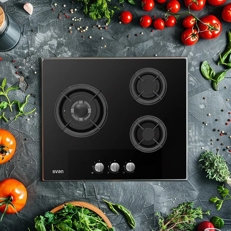 Svan Encimera de Gas SGW3601N 3 Quemadores Integrable Quemador WOK triple llama Cristal negro