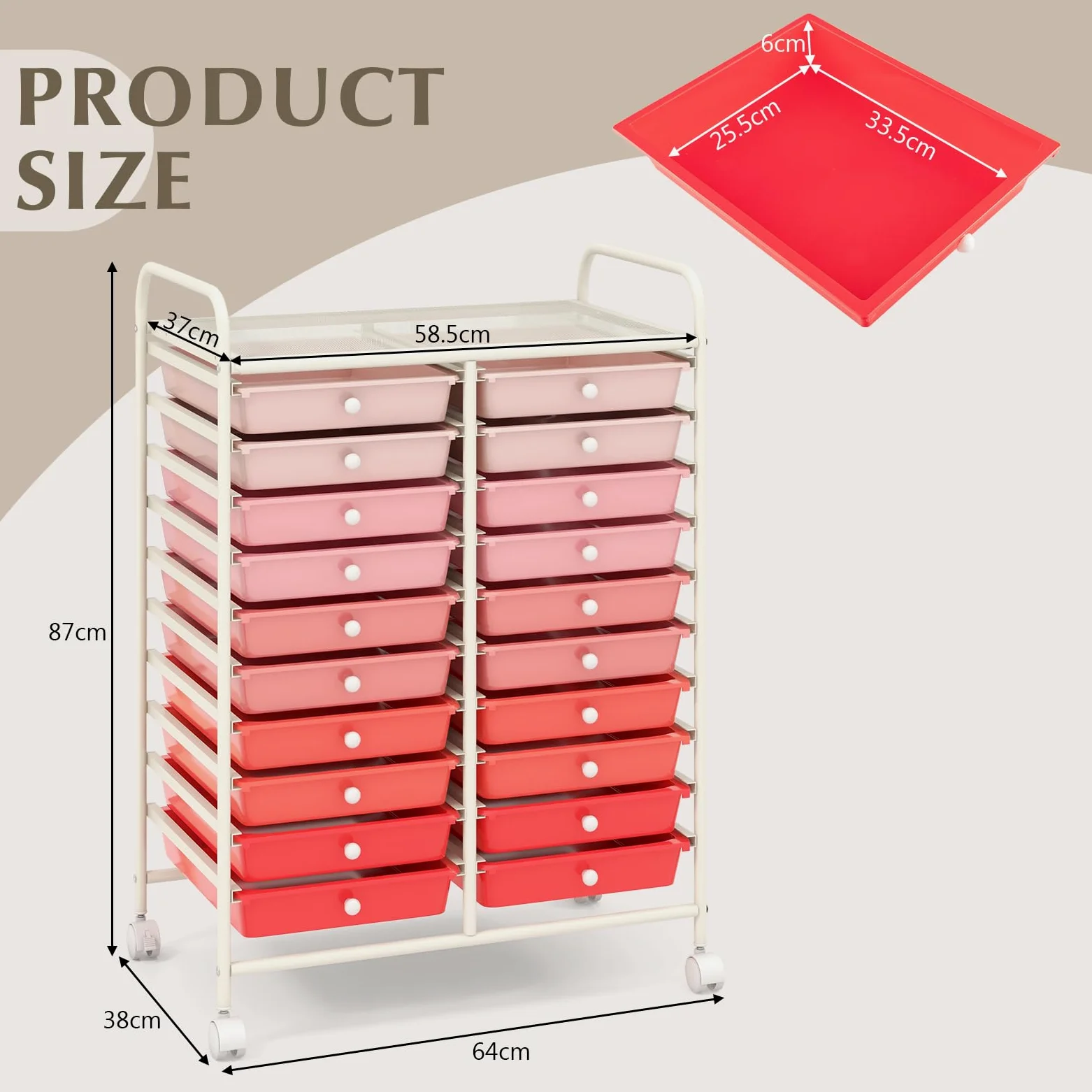 GIANTEX Carrello con 20 cassetti, impilabile, per cassetti, da cucina, bagno, ufficio, 64 x 39 x 88 cm (rosso + rosa)