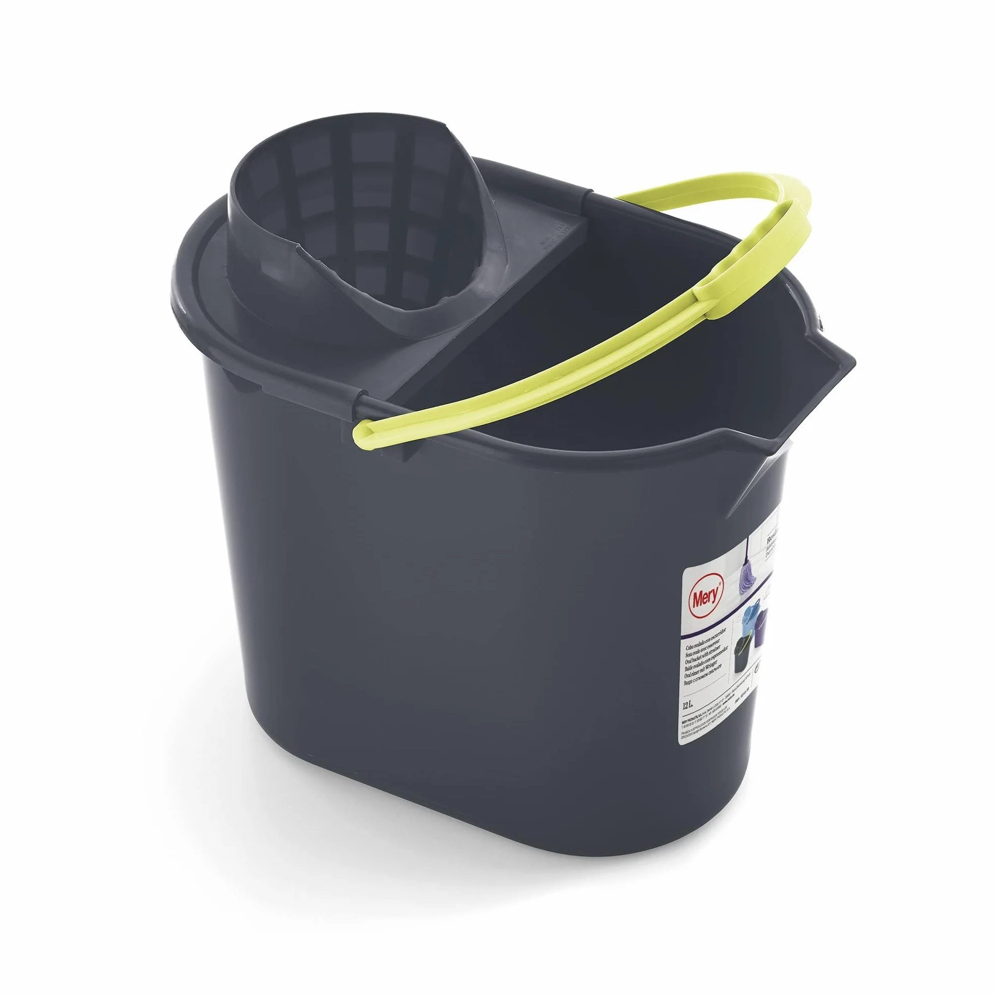 Mery - Secchio Ovale con Strizzatore, 12 Litri, Colori Nero e Giallo, Resistente con Manico Anatomico