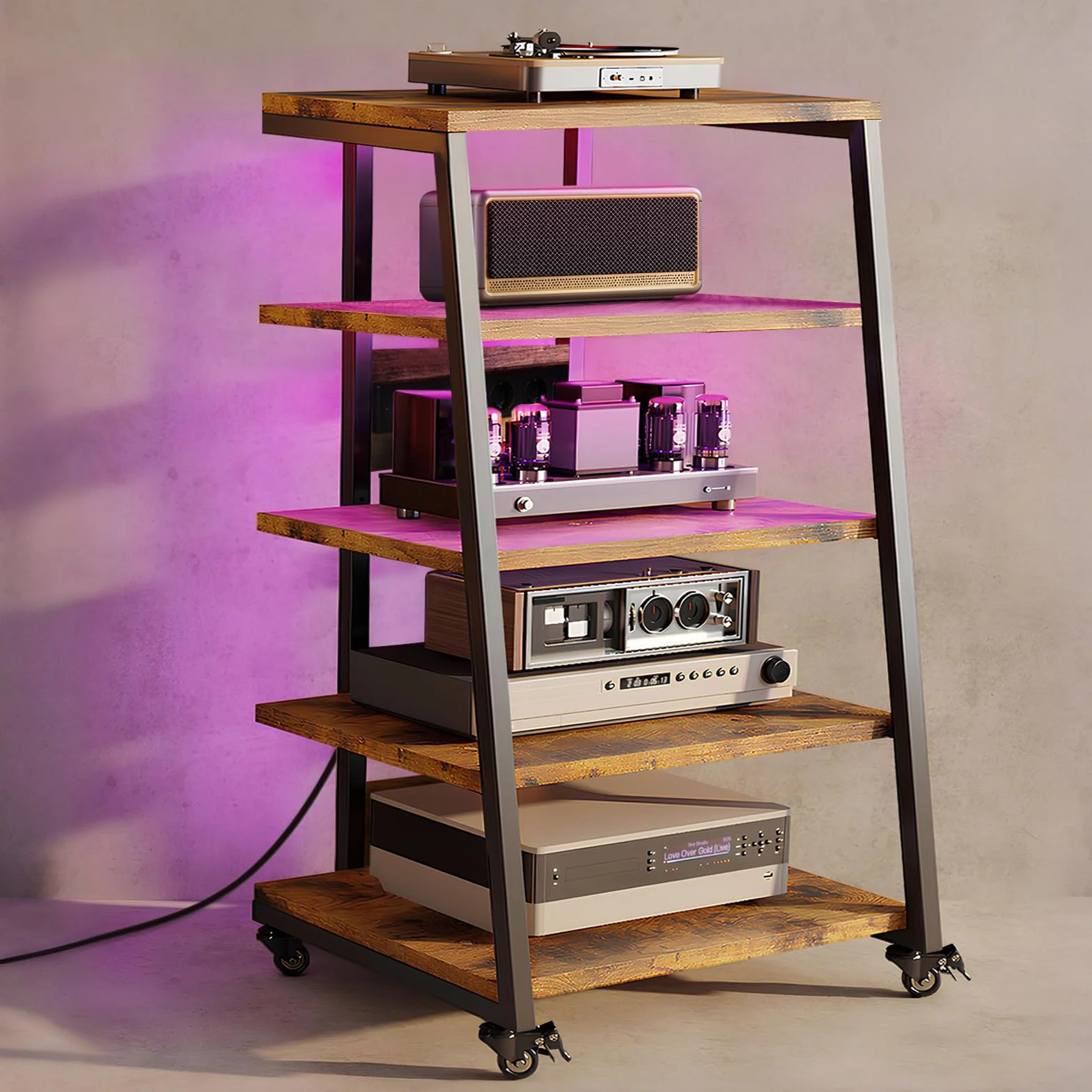 HiFi Rack a 5 livelli con ruote, giradischi, tavolo con ciabattine, luci a LED, ripiano regolabile in legno, supporto multimediale HiFi per impianto audio, impianto stereo, 60 x 52 x 110 cm