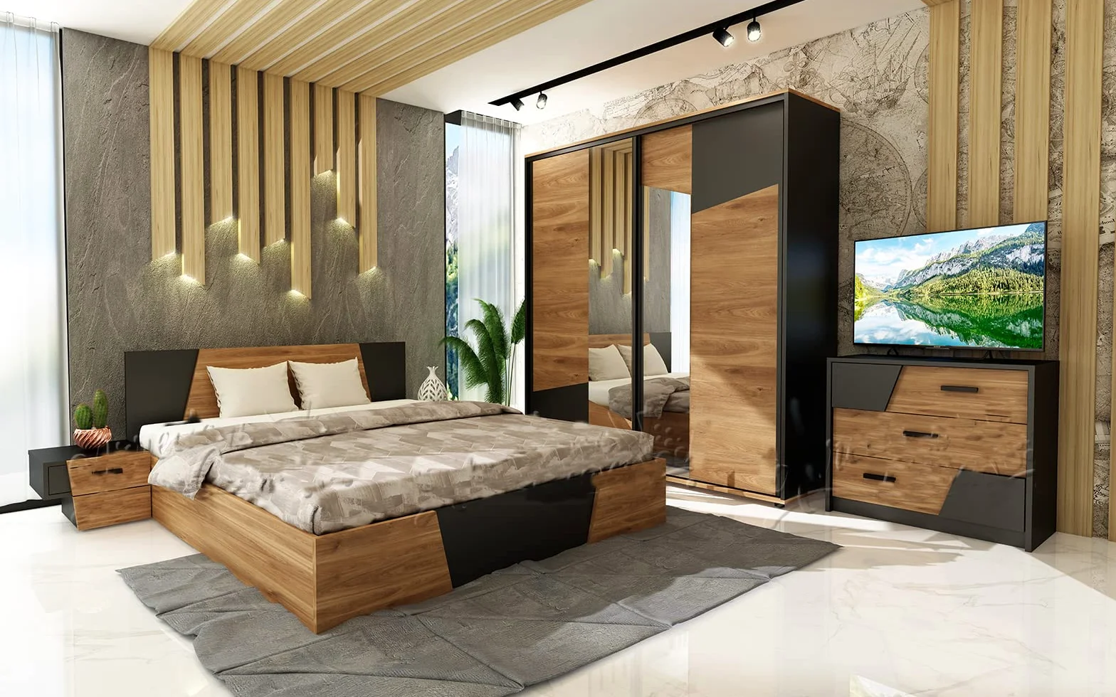 Camera da Letto Matrimoniale Completa Nera e Rovere Scuro con Armadio a 2 Ante Scorrevoli con Specchio Letto Matrimoniale 2 Comodini e 1 Comò CDLU33