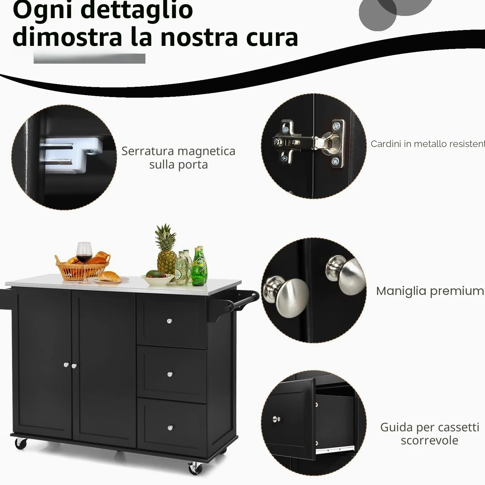 KOMFOTTEU Isola da Cucina Mobile con Piano di Lavoro in Acciaio Inox, Carrello da Cucina con 3 Cassetti & Porta Asciugamani & Ripiano Regolabile, Armadio da Cucina su Ruote, Carrello da Cucina 135 x