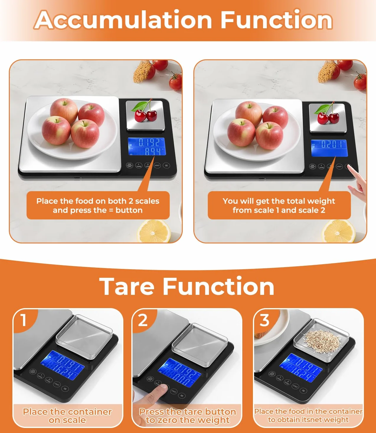 Bilancia da Cucina Digitale con Doppia Piattaforma (10kg/1g & 500g/0.01g), USB Ricaricabile & a Batterie, Acciaio Inox, Display LCD, 7 Unità, ideale per Cucina & Pasticceria