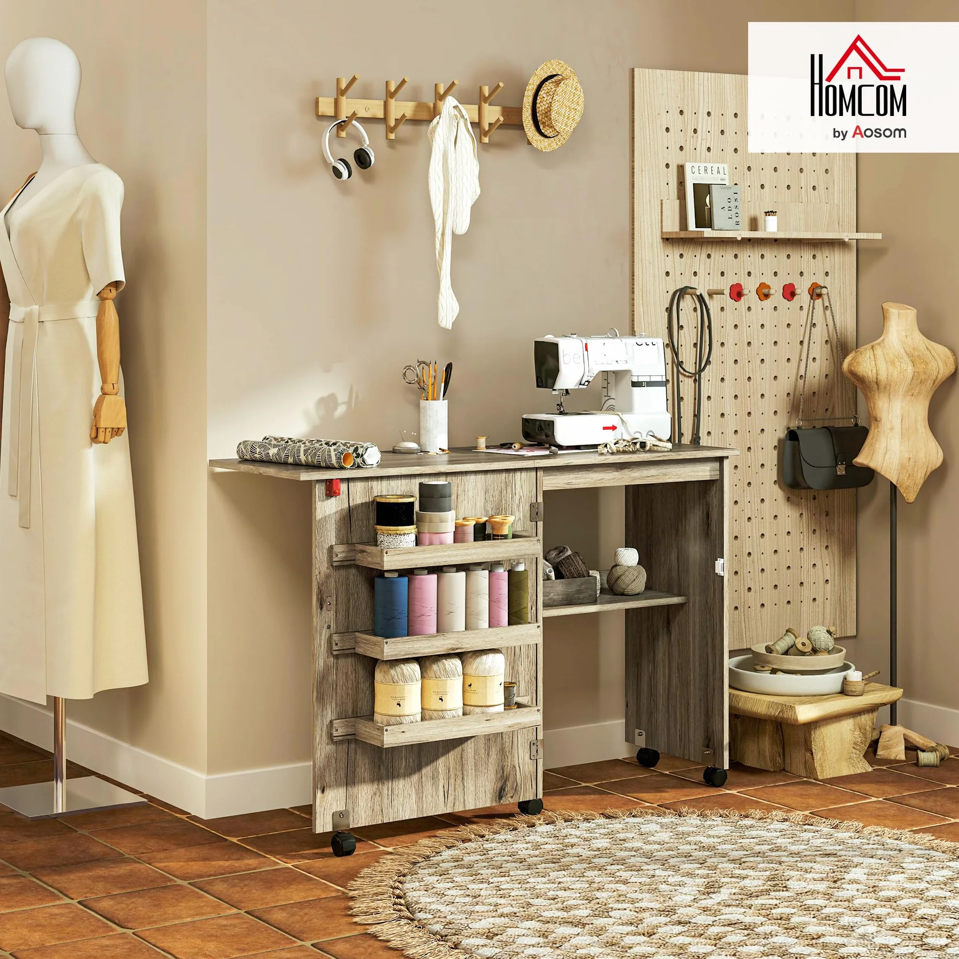 HOMCOM Tavolo da cucito pieghevole, mobile da cucito con cassetti portaoggetti, ripiano aperto e ruote, mobile per macchina da cucire, per soggiorno, ufficio, 117 x 40 x 77,5 cm, effetto legno grigio