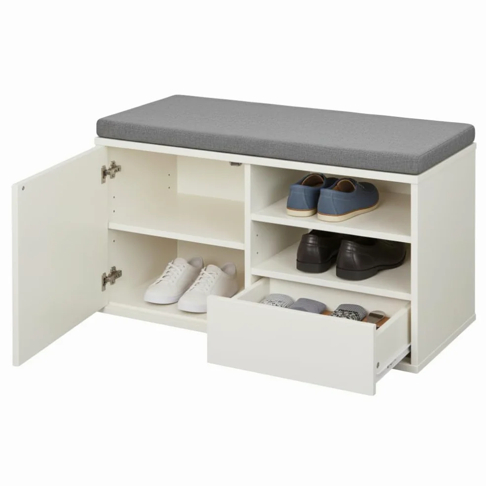 MAKA Scarpiera Panca Ingresso con Seduta, Portascarpe con Cuscino Imbottito L80xP35xA46, Capacità Seduta 200 Kg, Scarpiera con Scomparti a Scaffale, Legno Resistente (Bianco)