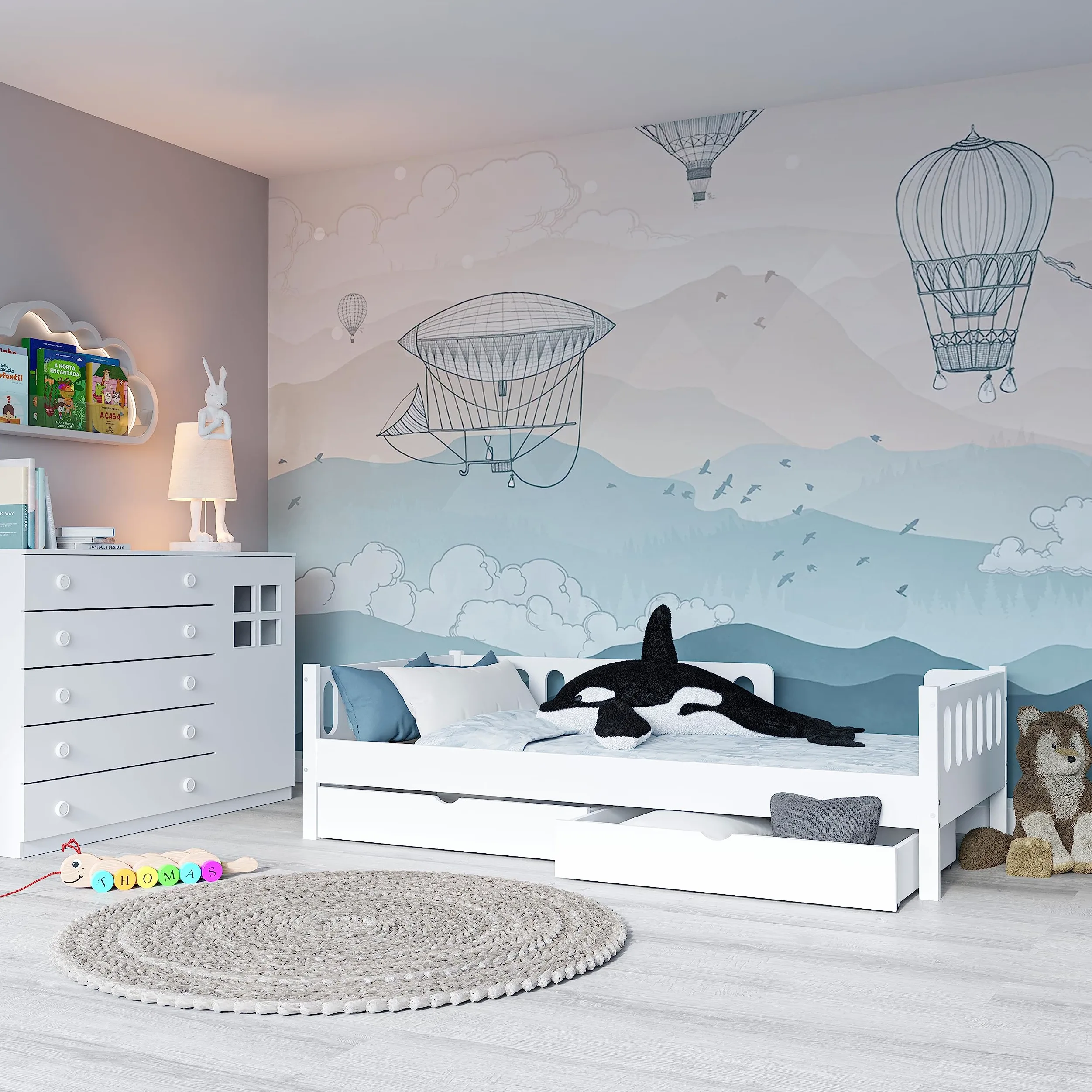 LARS 2 in 1 Letto per bambini Letto per ragazzi 200x90 cm - Bianco, 2 cassetti, Protezione antiribaltamento rimovibile, Convertibile in Letto Junior, Design Montessori, Legno massello, Include doghe