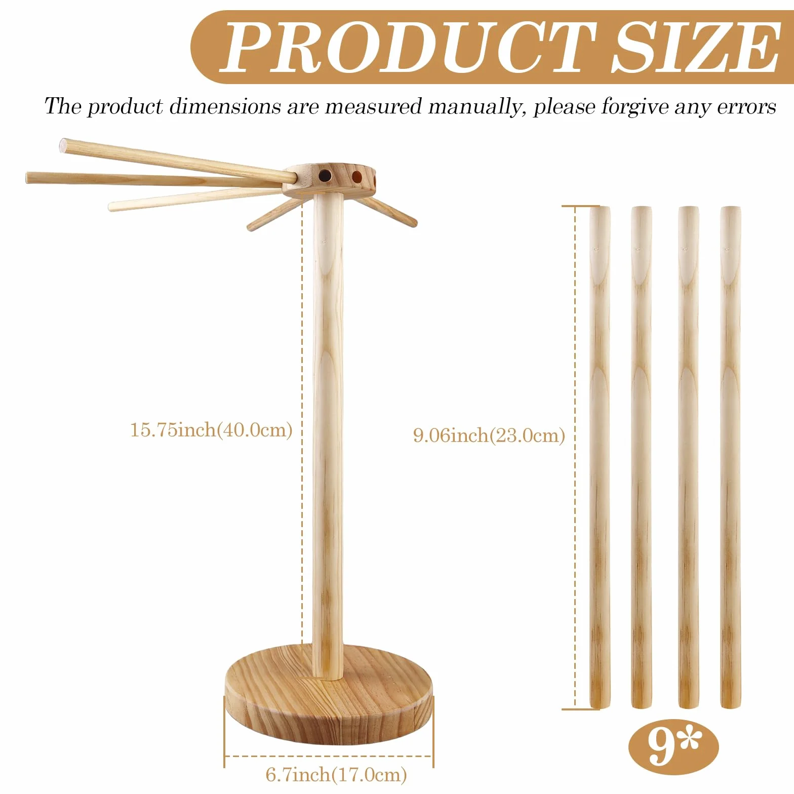 Stendino per la pasta in legno: Stendino per pasta pieghevole in legno con 9 bracci rimovibili per fino a 4,5 kg, supporto per pasta riutilizzabile e versatile con base pieghevole per pasta