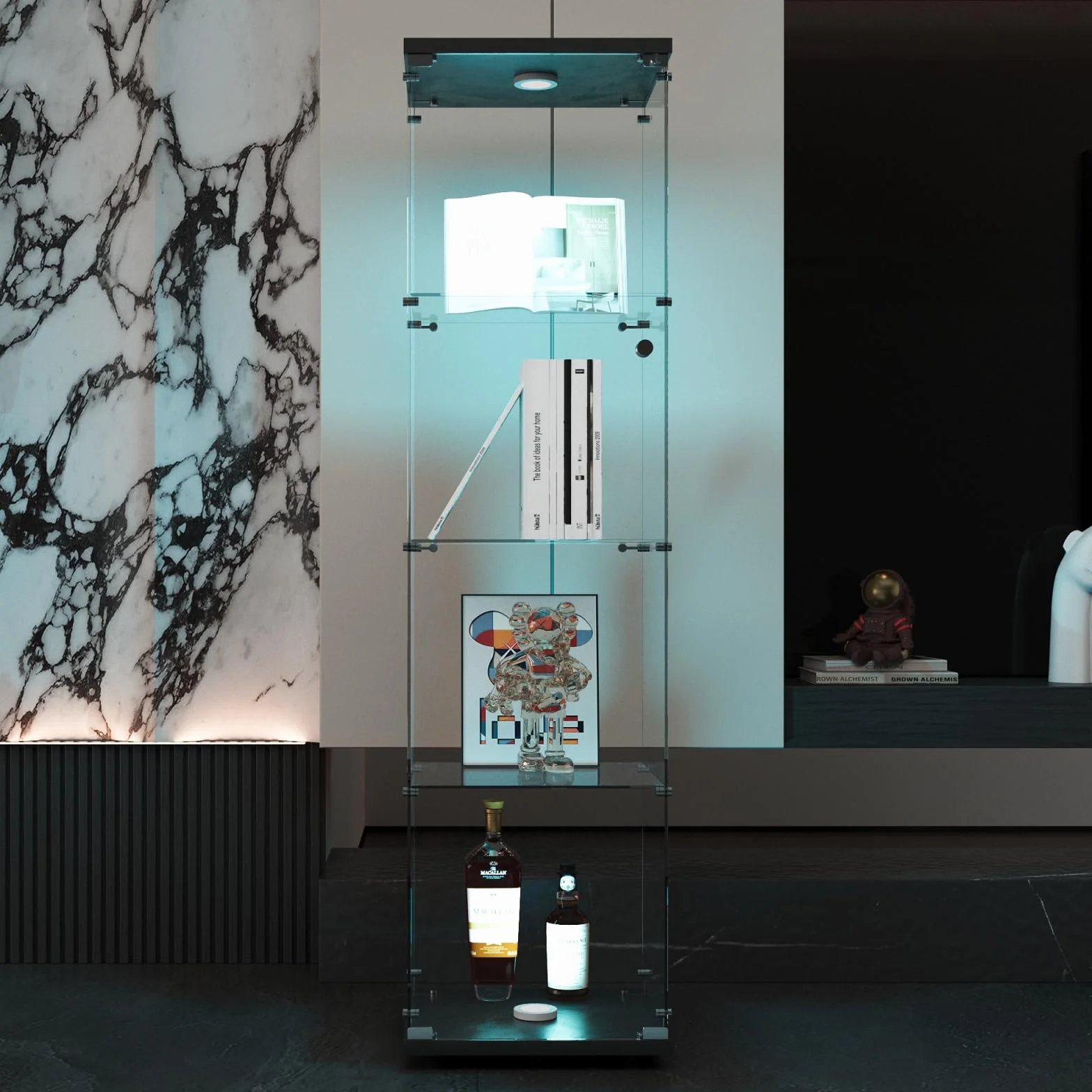 Vetrinetta in vetro con illuminazione e 4 ripiani, vetrina in vetro temperato con cornice nera, vetrina verticale in qualità da collezione, vetrina per soggiorno (Nero, anta singola)
