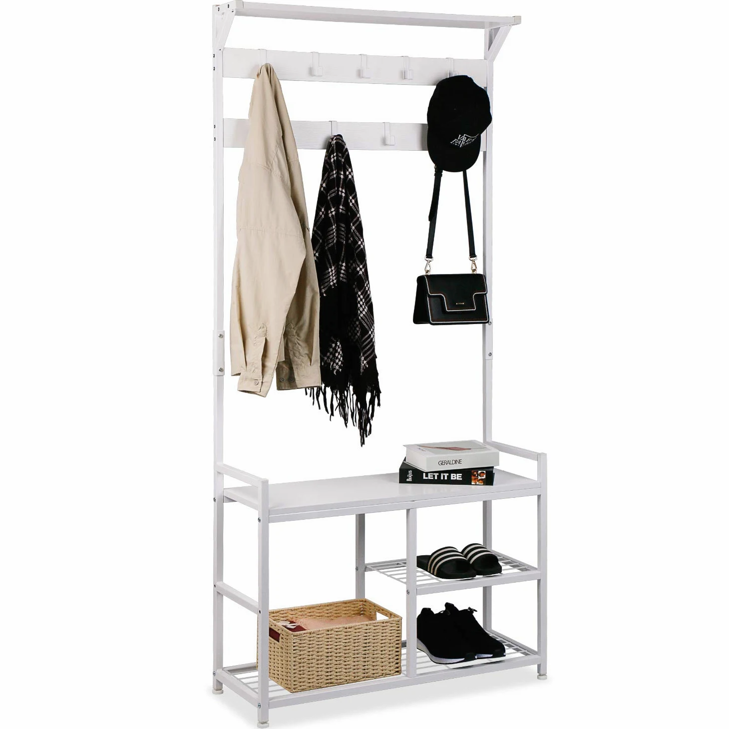 Leader Accessories Appendiabiti, Attaccapanni Autoportante, Scarpiera con Panca, Ganci Rimovibili, Mobile Ingresso Corridoio, Altezza di 183 cm, Industriale, Struttura in Metallo, Bianco