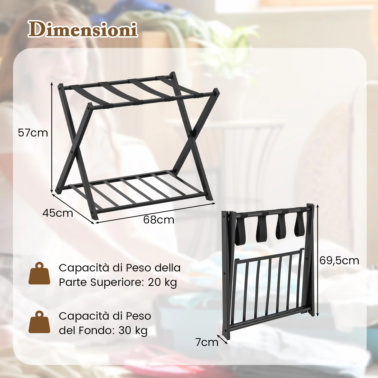 COSTWAY Portavaligie Pieghevole 2 Ripiani, Cavalletto da Valigie w Metal, 68 x 43 x 56 cm, Nero