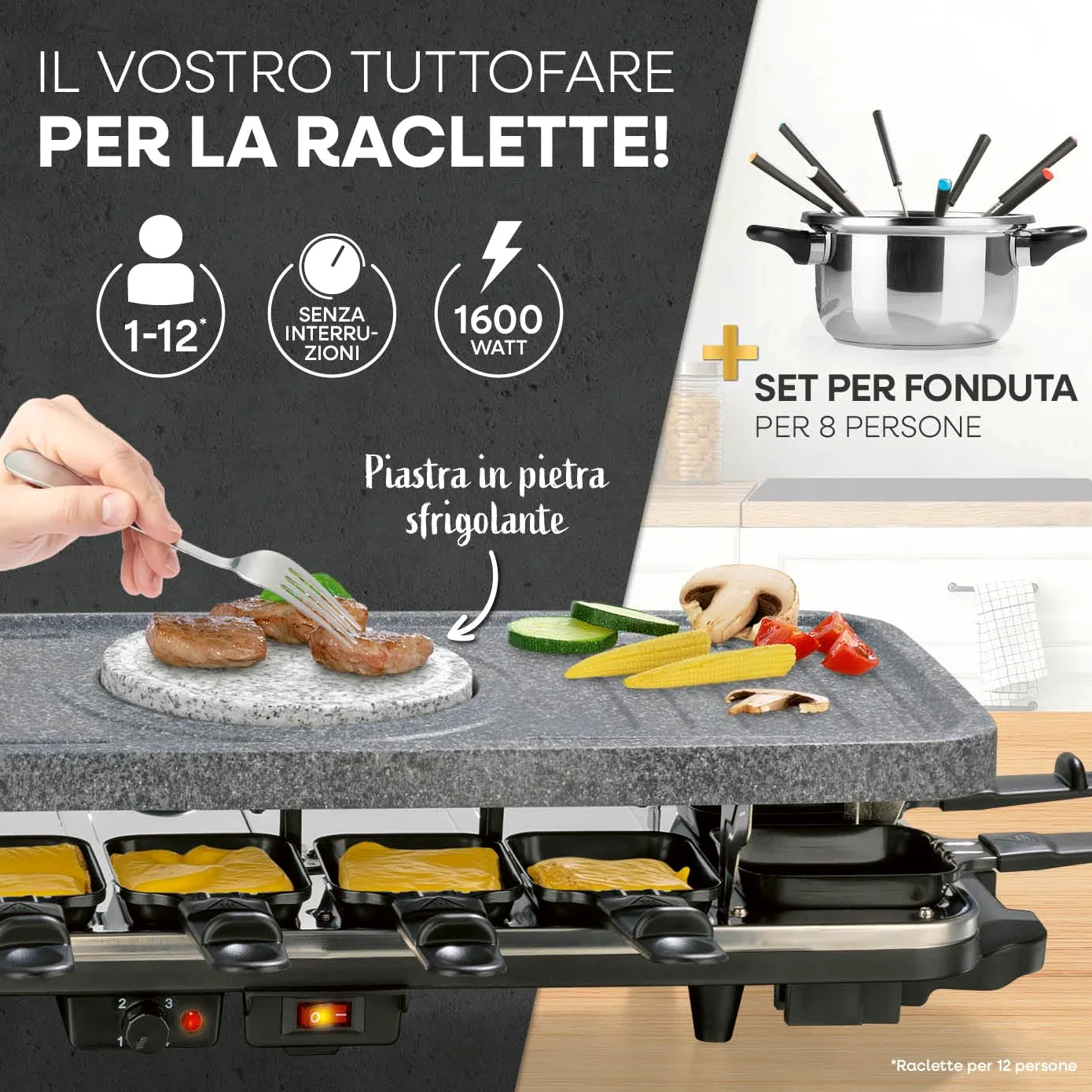 GOURMETmaxx raclette & fondue combi XXL per 12 persone | Griglia per raclette 4 in 1 con padelle, set per fonduta e pietra calda | Griglia elettrica da tavolo con piastra antiaderente [1600 watt].