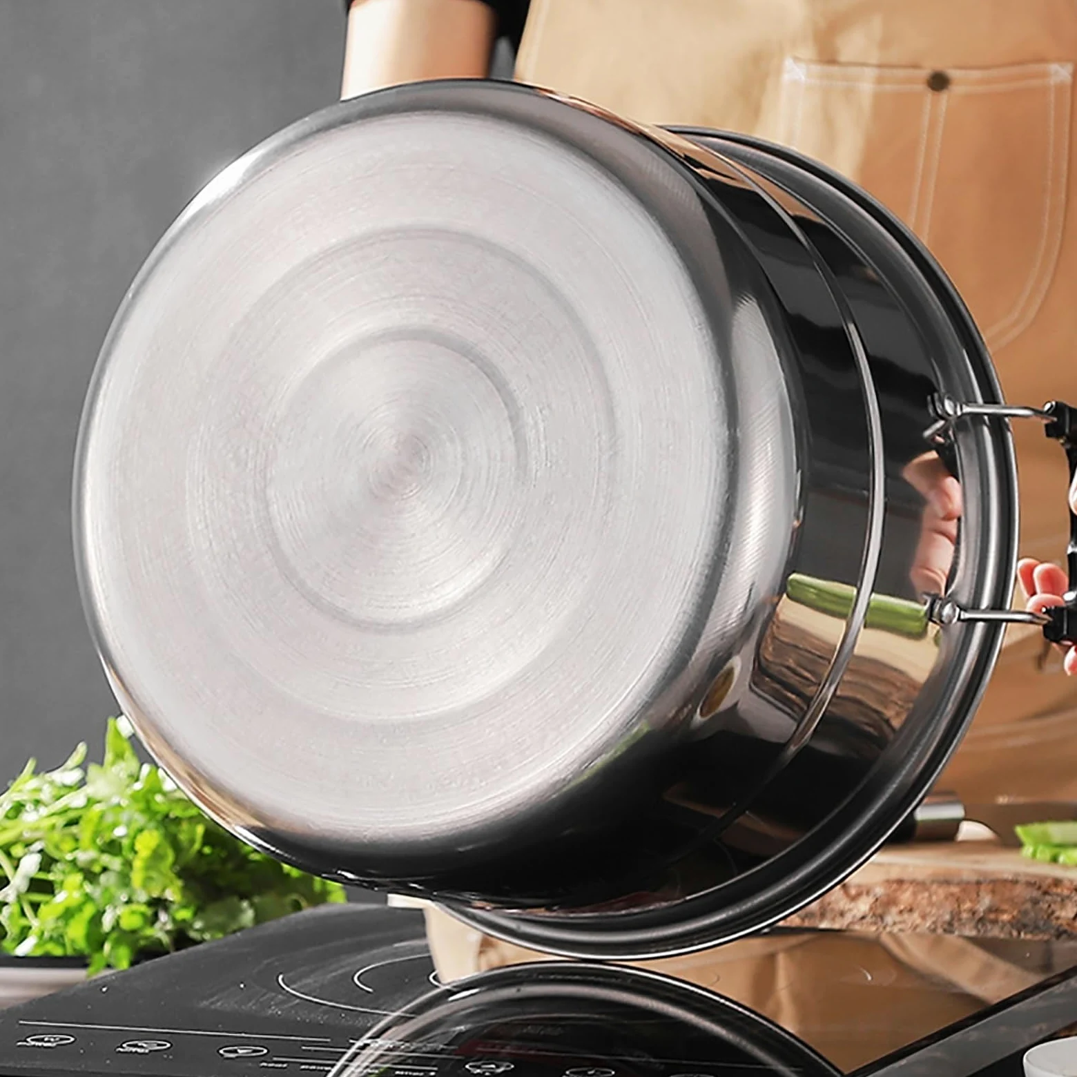 Grande pentola a vapore in acciaio inox a 2 strati per fornelli a induzione e fornelli a gas, design ispessito per uso alimentare, 38 cm