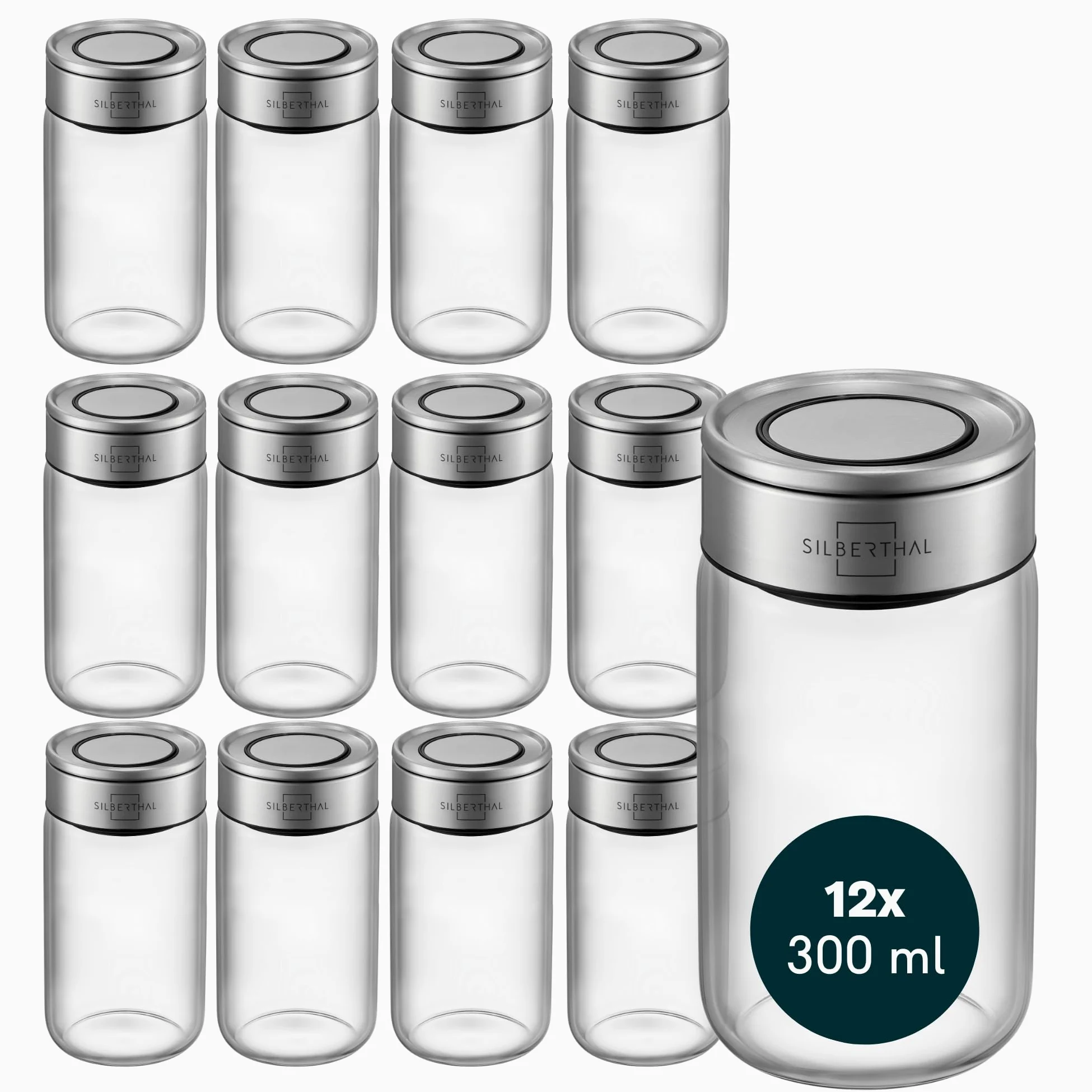 SILBERTHAL Set 12 barattoli porta spezie in vetro 300 ml – Coperchio inox