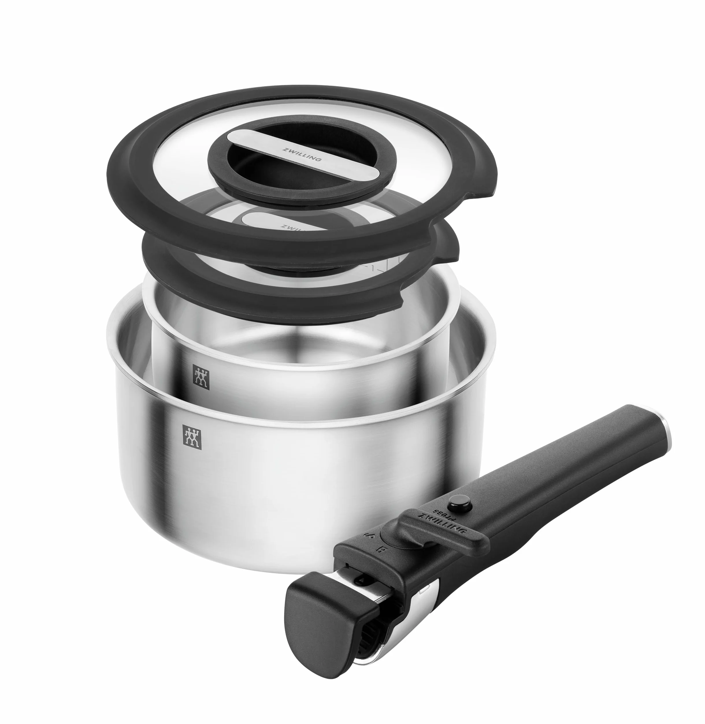 ZWILLING Unlock Set di 5 pentole (pentola 20 cm + 16 cm, manico rimovibile, 2 coperchi in vetro), impilabile, in acciaio Inox, per tutti i tipi di piano cottura, adatto a induzione