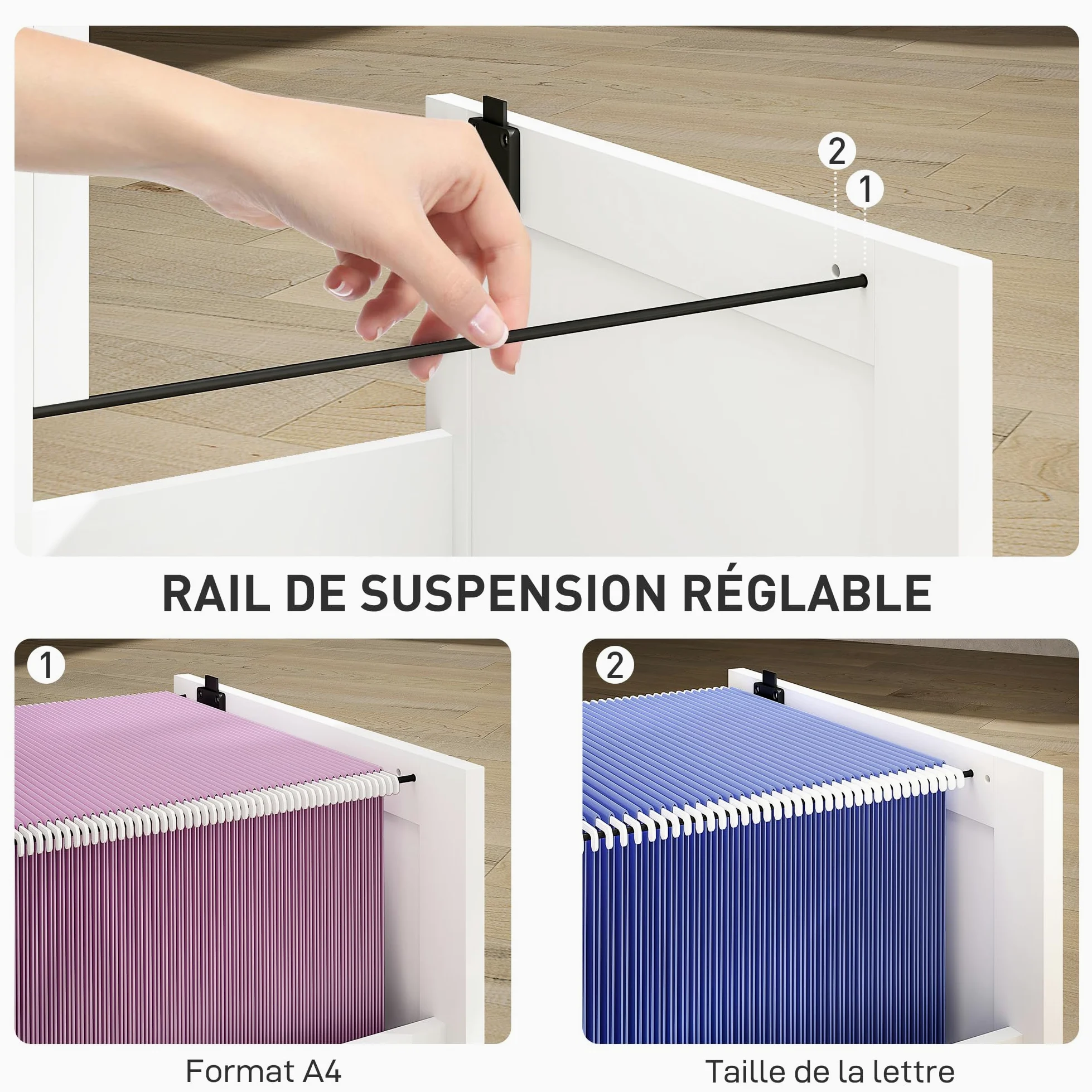 HOMCOM Cassettiera da scrivania con 3 cassetti e serrature, mobile per ufficio con barre di sospensione regolabili per documenti, cassettiera compatta per ufficio o camera da letto, 40x40x101 cm